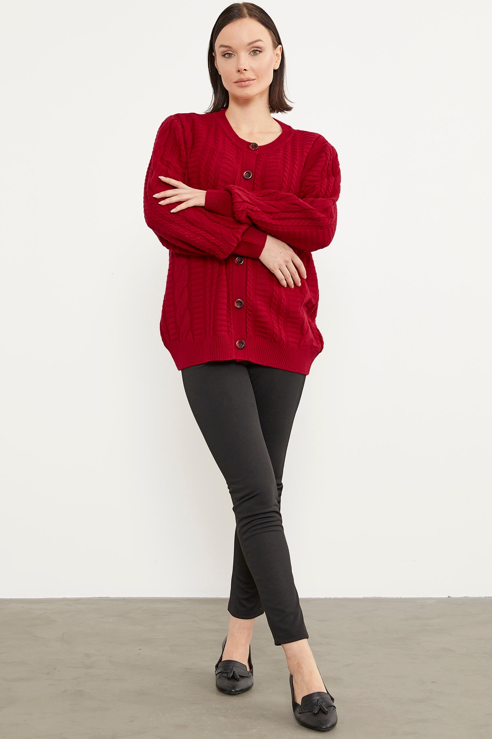 Sıfır Yaka Düğmeli Triko Hırka - Kırmızı (2) Sementa