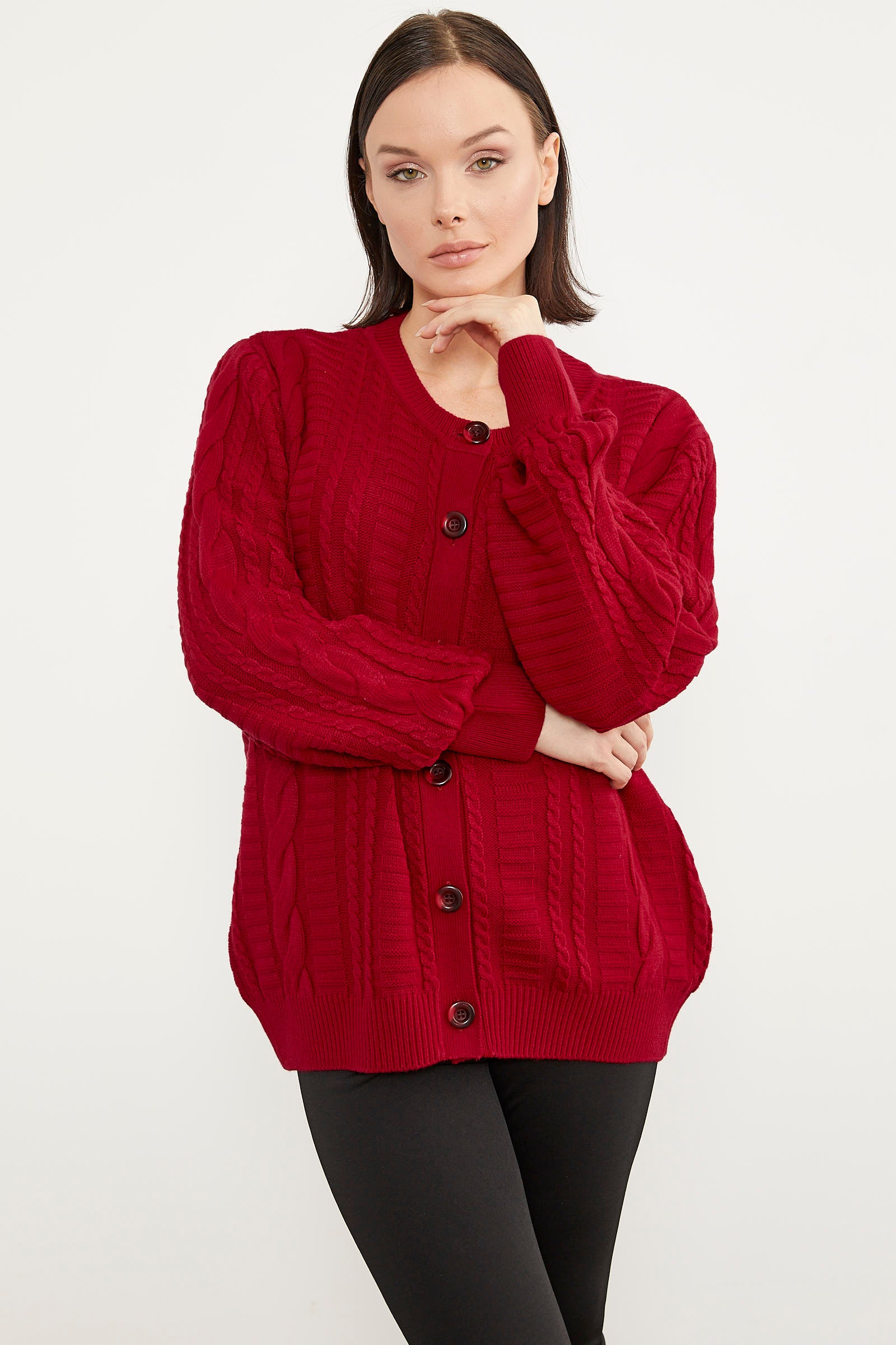 Sıfır Yaka Düğmeli Triko Hırka - Kırmızı (3) Sementa