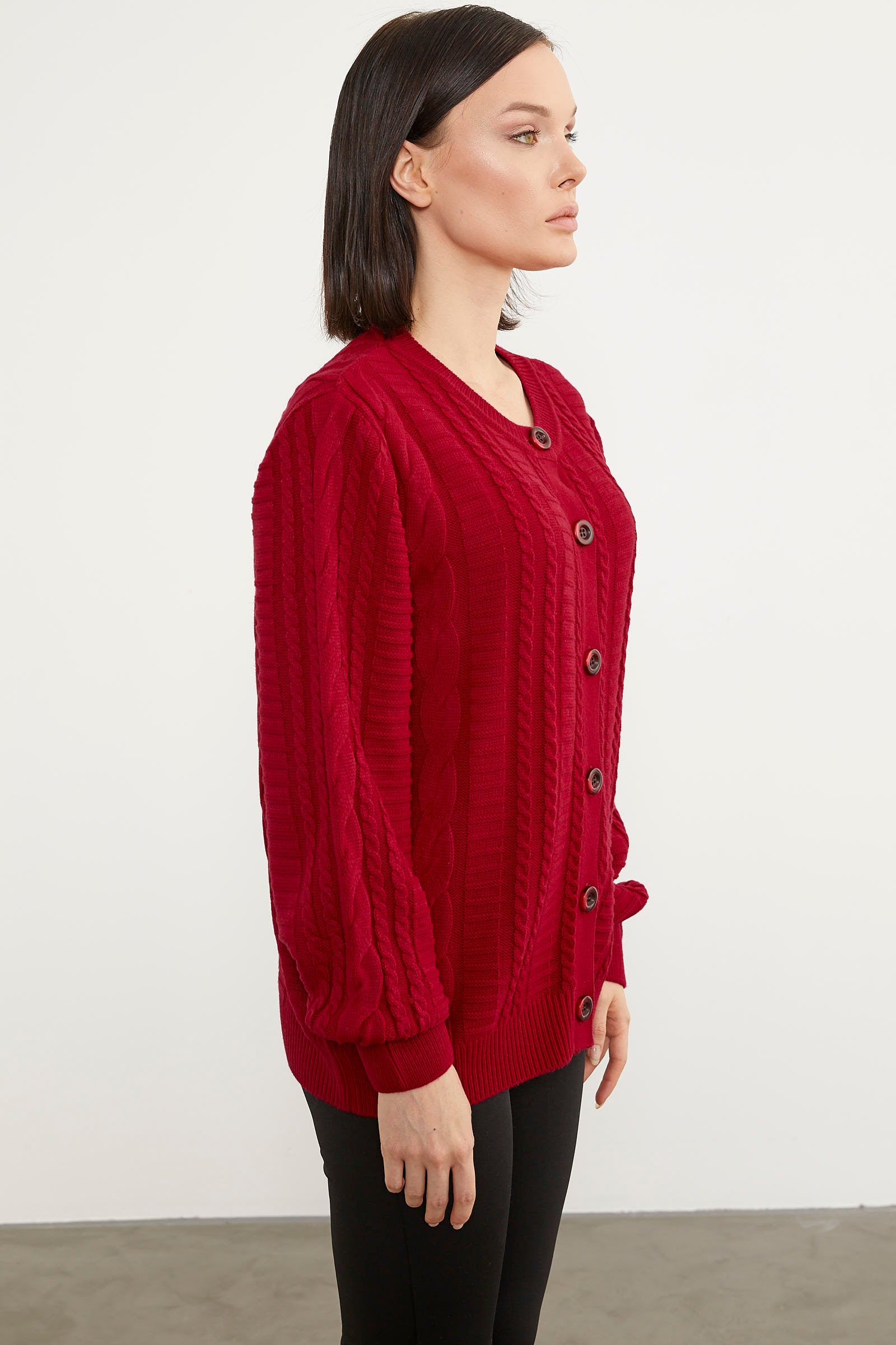 Sıfır Yaka Düğmeli Triko Hırka - Kırmızı (4) Sementa