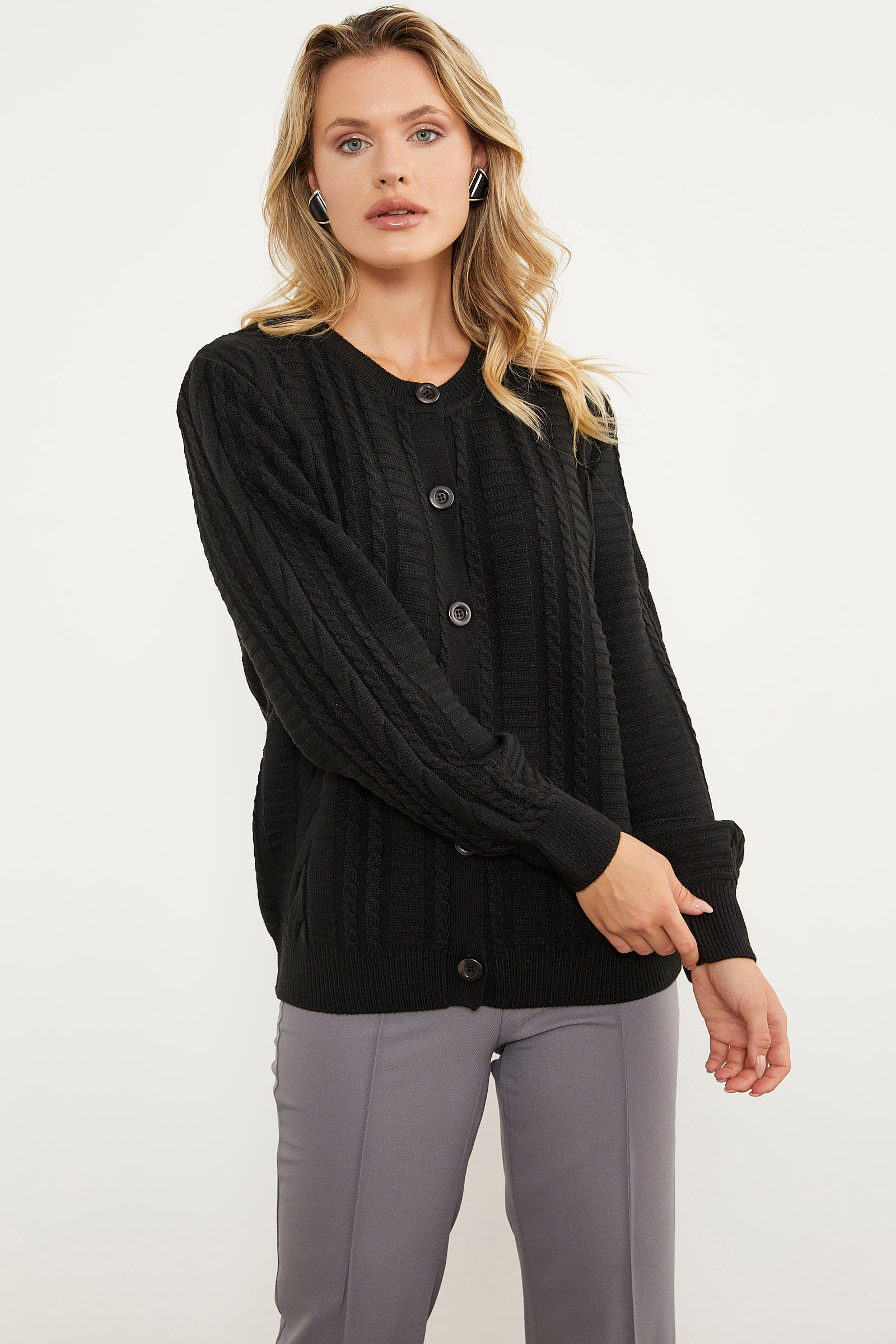 Sıfır Yaka Düğmeli Triko Hırka - Siyah (2) Sementa