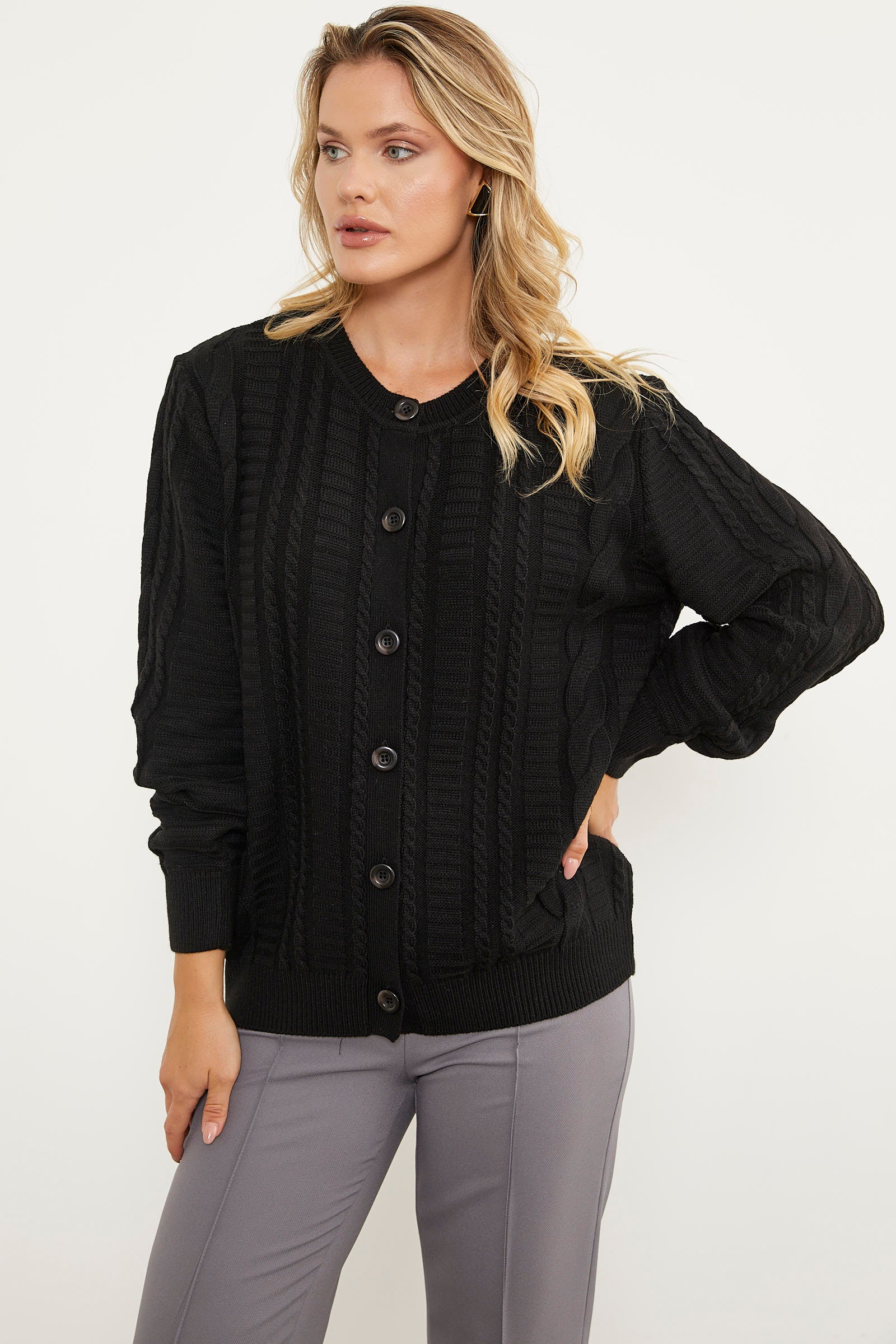 Sıfır Yaka Düğmeli Triko Hırka - Siyah (3) Sementa