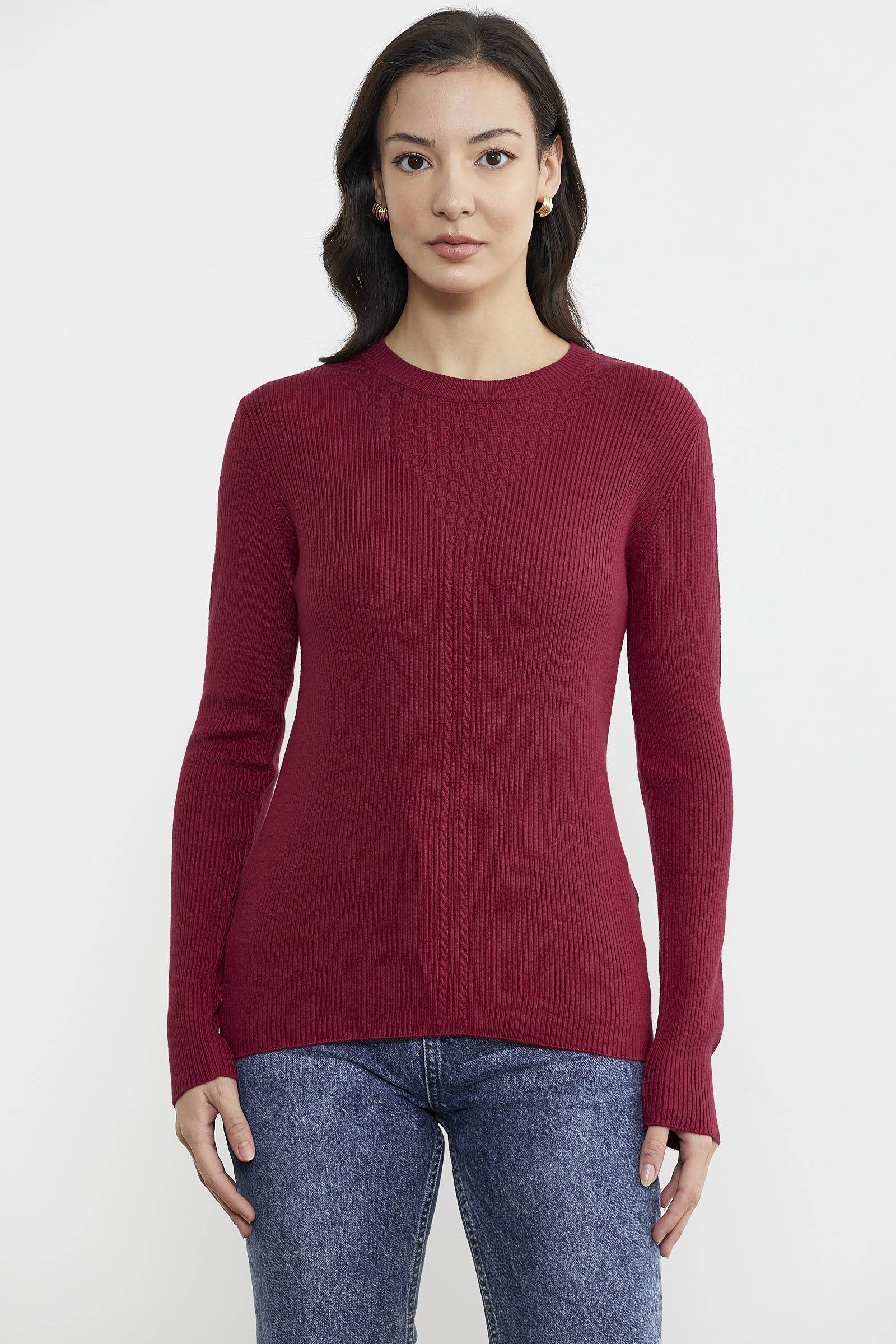 Sıfır Yaka Fitilli Triko Kazak - Bordo (1) Sementa