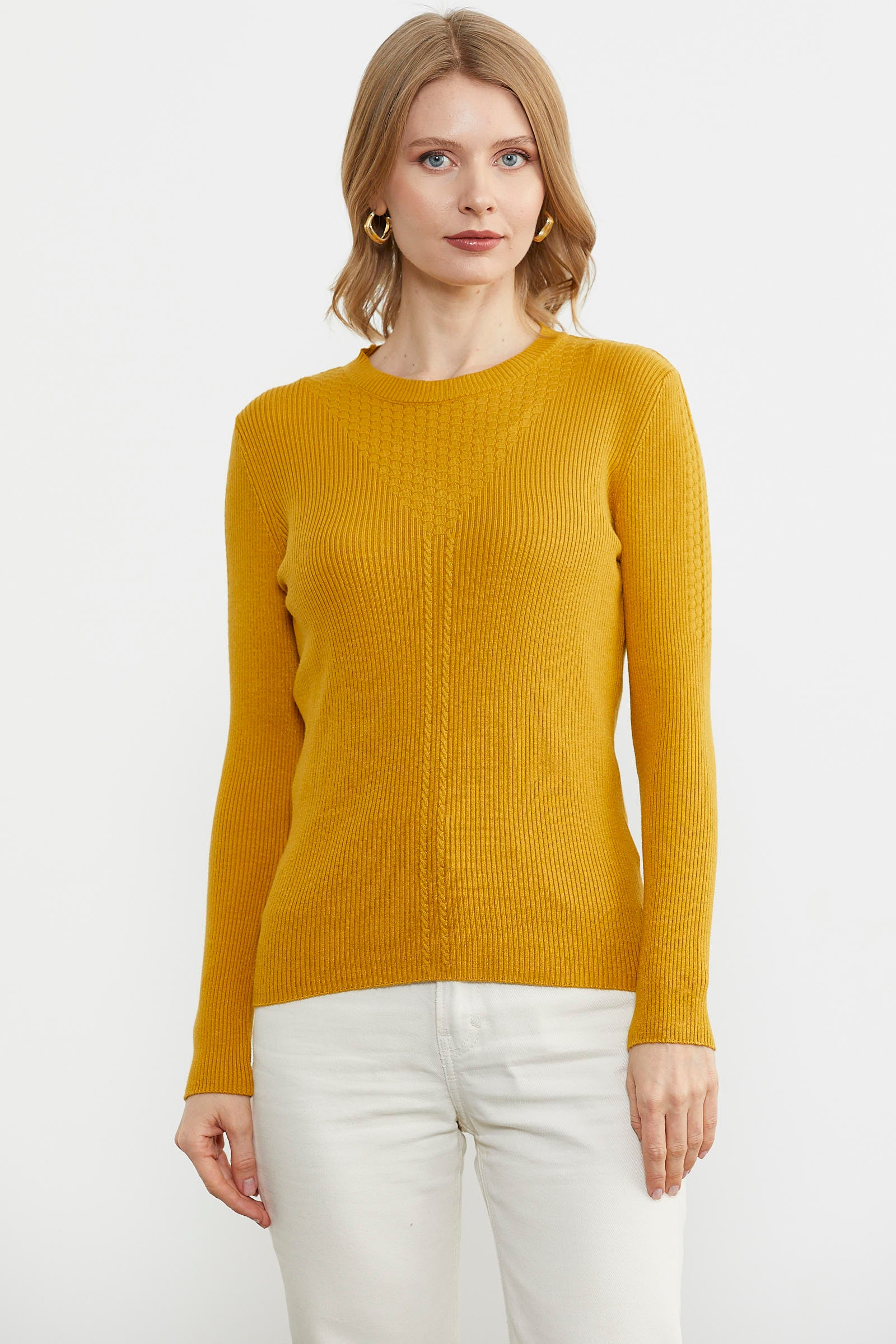 Sıfır Yaka Fitilli Triko Kazak - Hardal (1) Sementa