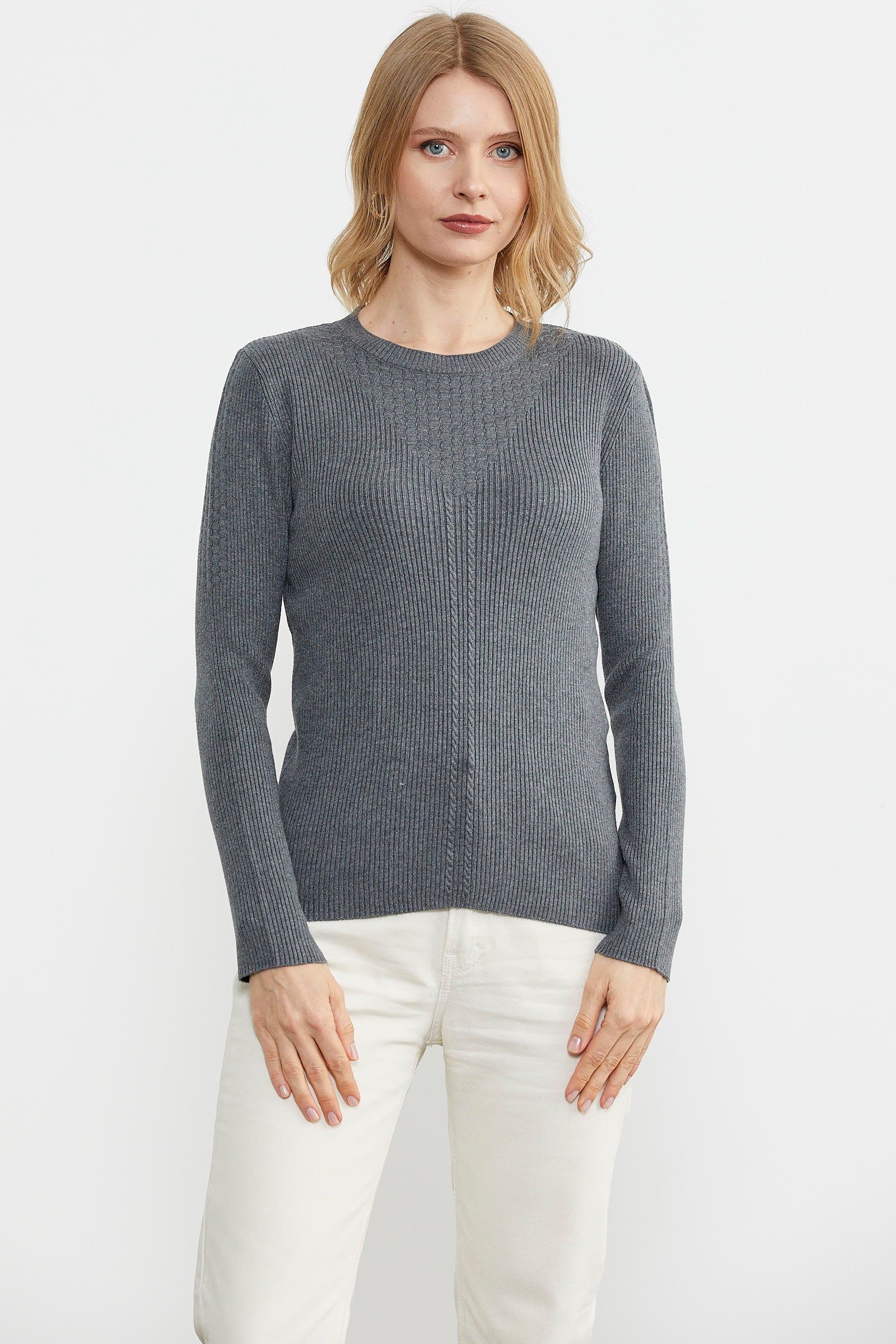 Sıfır Yaka Fitilli Triko Kazak - Koyu Gri (1) Sementa