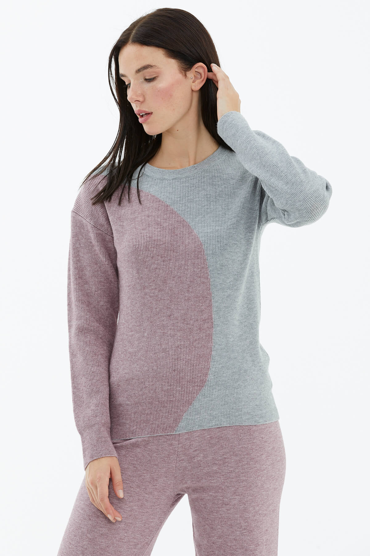 Sıfır Yaka İki Renkli Triko Kazak - Açık Gri - Gül (3) Sementa