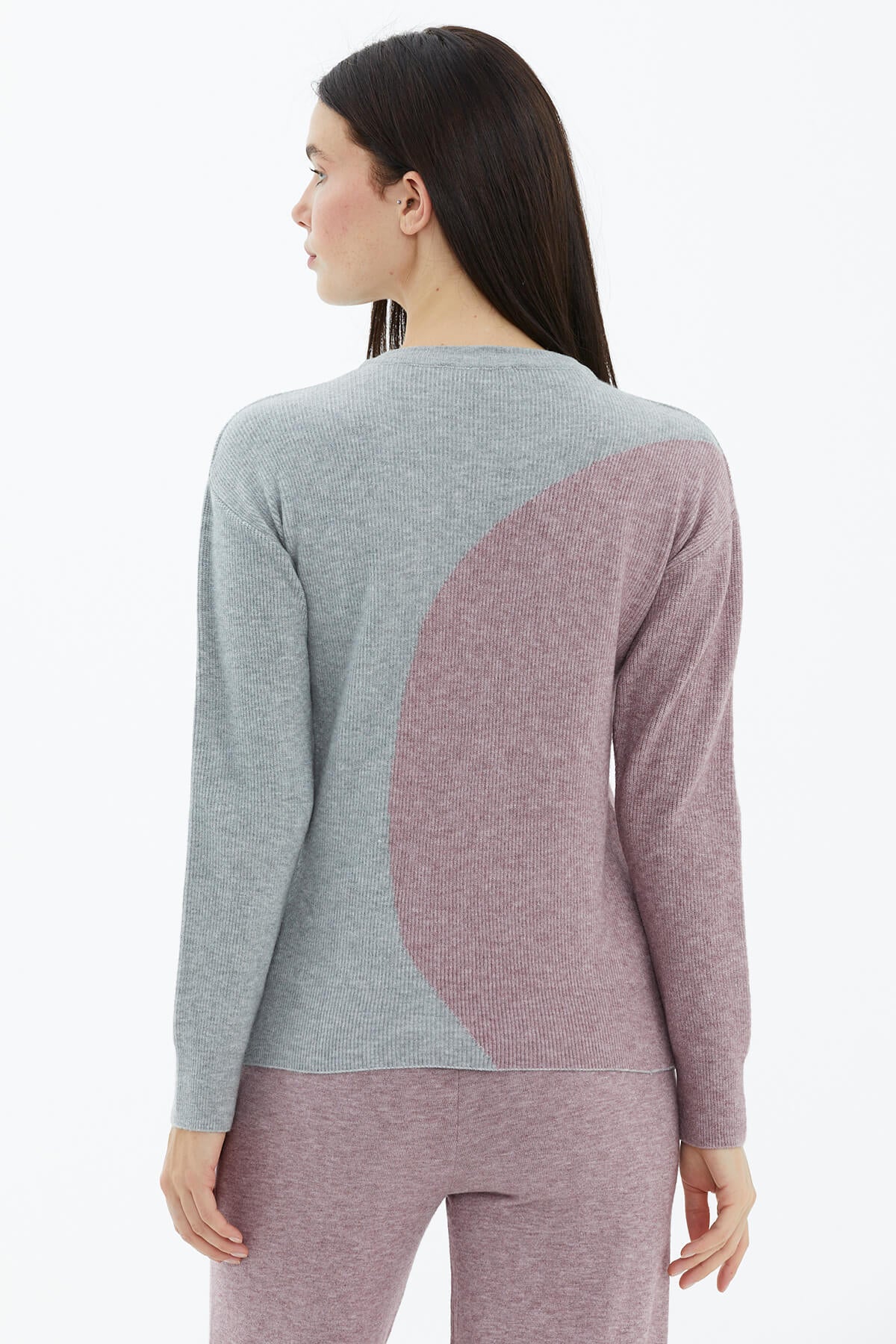 Sıfır Yaka İki Renkli Triko Kazak - Açık Gri - Gül (4) Sementa