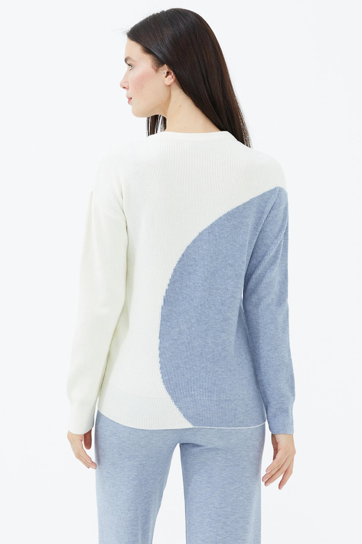Sıfır Yaka İki Renkli Triko Kazak - Kemik - Mavi (4) Sementa