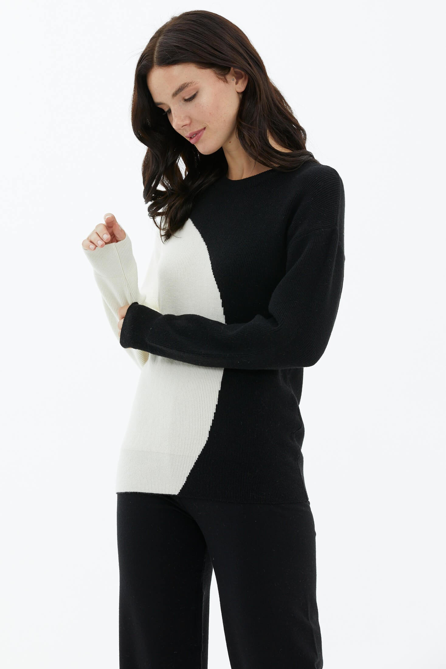 Sıfır Yaka İki Renkli Triko Kazak - Siyah - Kemik (3) Sementa