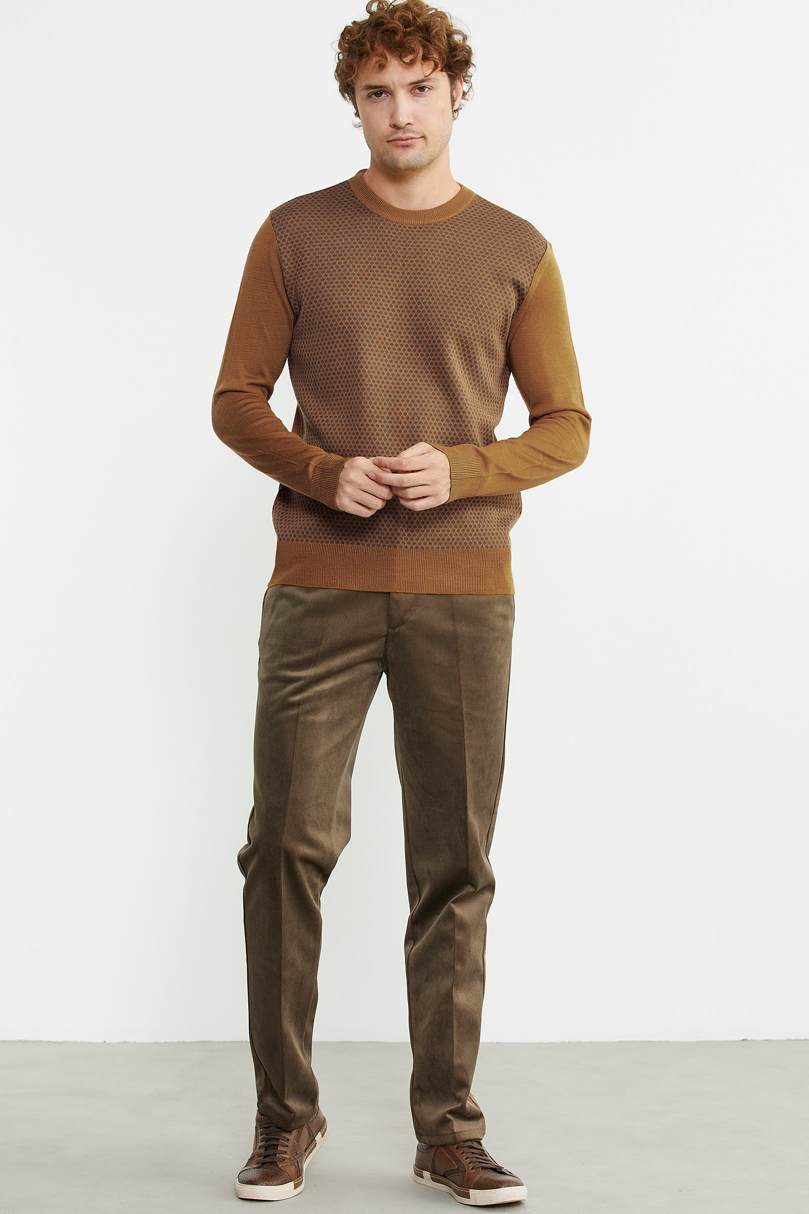 Sıfır Yaka Jakarlı Regular Fit Triko Kazak - Hardal - Sementa