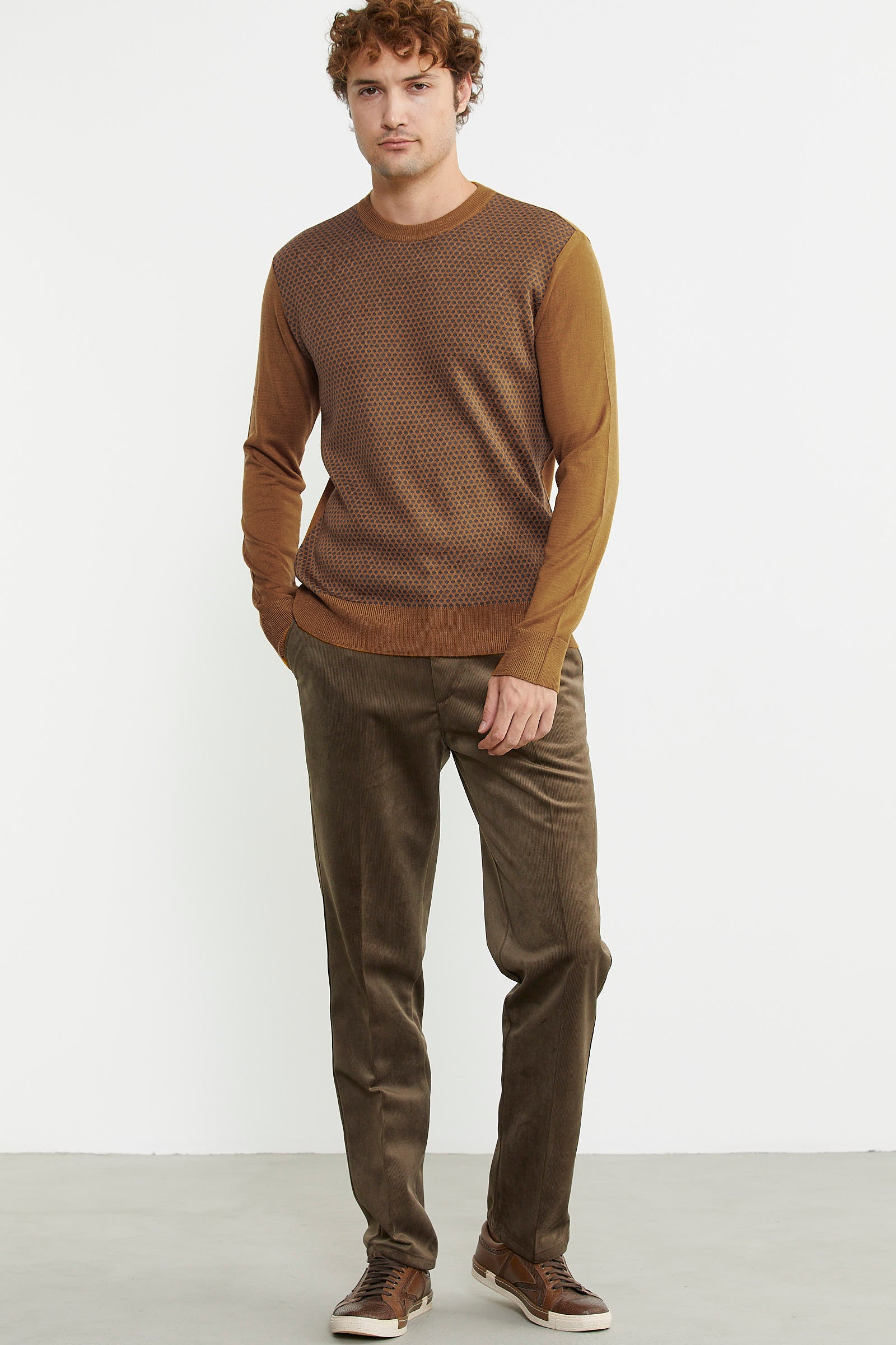 Sıfır Yaka Jakarlı Regular Fit Triko Kazak - Hardal - Sementa