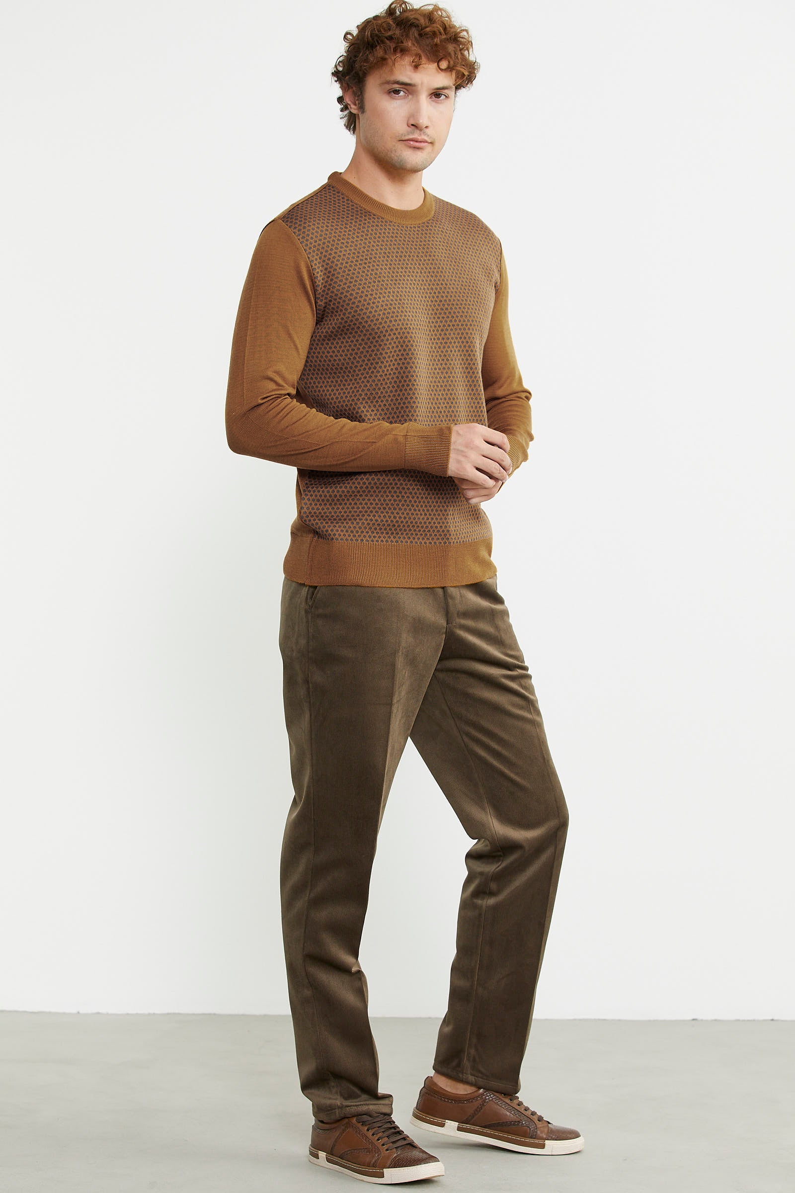 Sıfır Yaka Jakarlı Regular Fit Triko Kazak - Hardal - Sementa