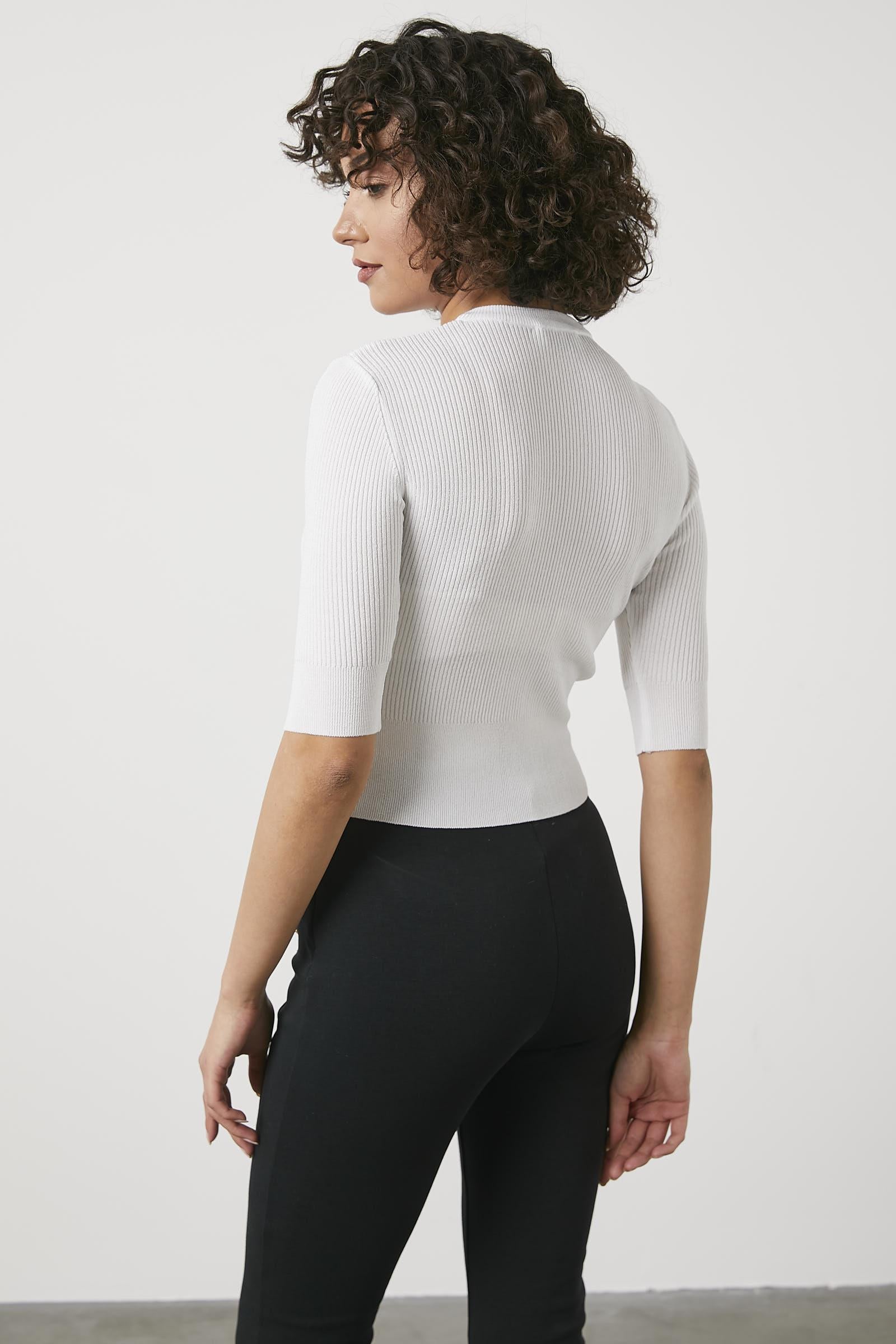 Sıfır Yaka Kapri Kol Triko Kazak - Beyaz (4) Sementa