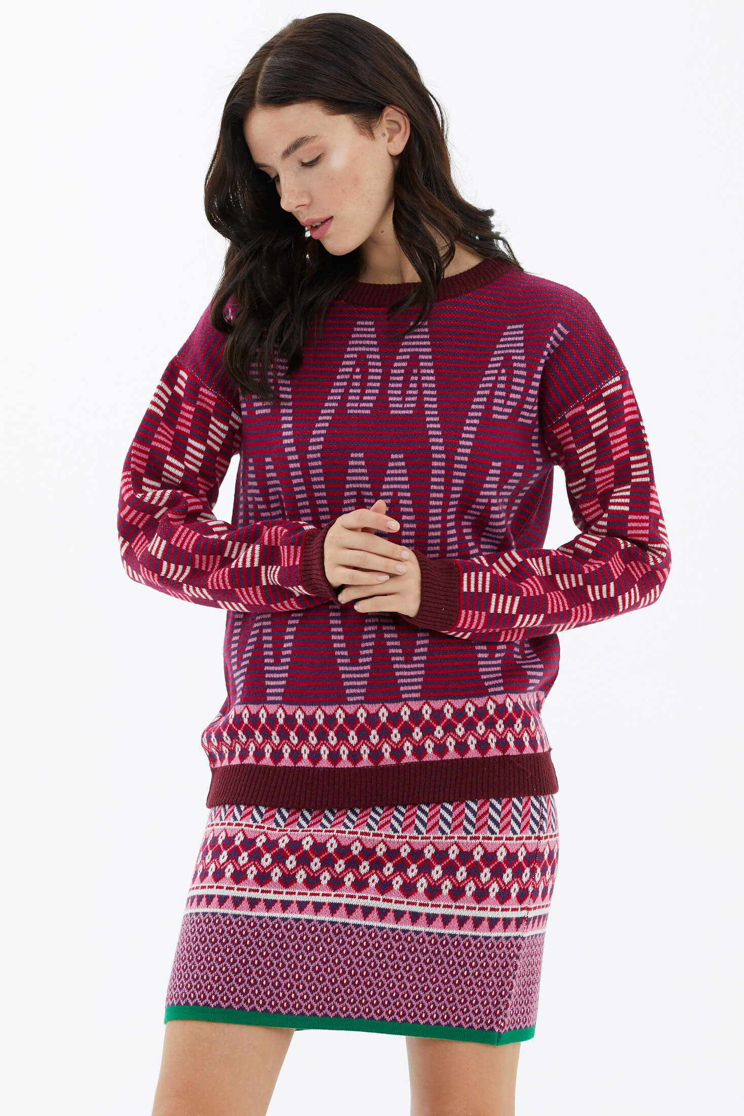 Sıfır Yaka Kazak Etek Triko Takım - Bordo (4) Sementa