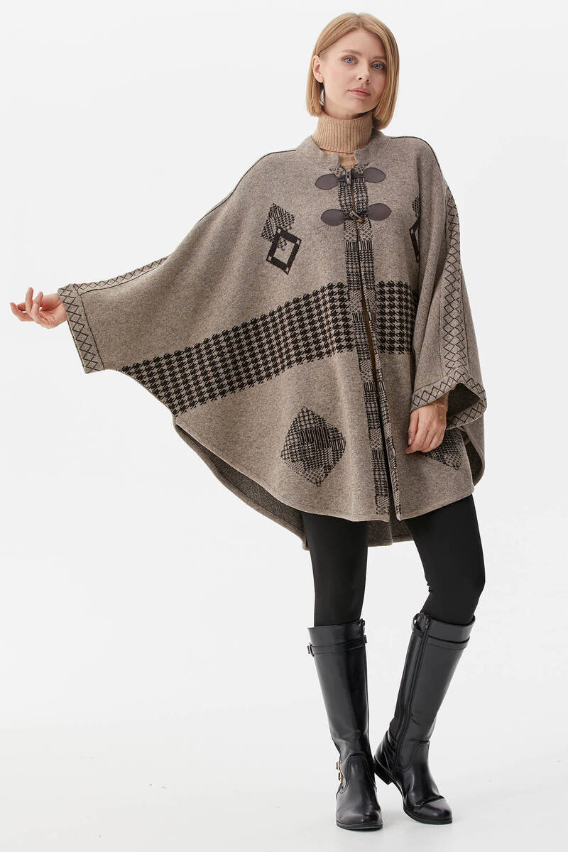 Sıfır Yaka Kilim Desenli Triko Panço - Bej (2) Sementa