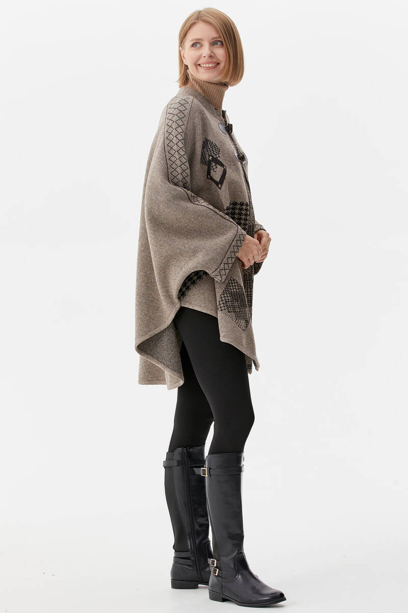 Sıfır Yaka Kilim Desenli Triko Panço - Bej (4) Sementa