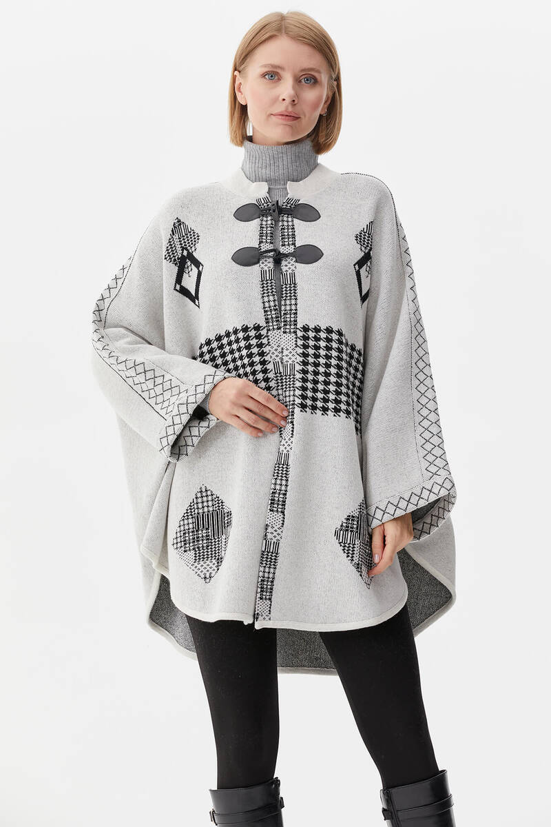 Sıfır Yaka Kilim Desenli Triko Panço - Beyaz (1) Sementa