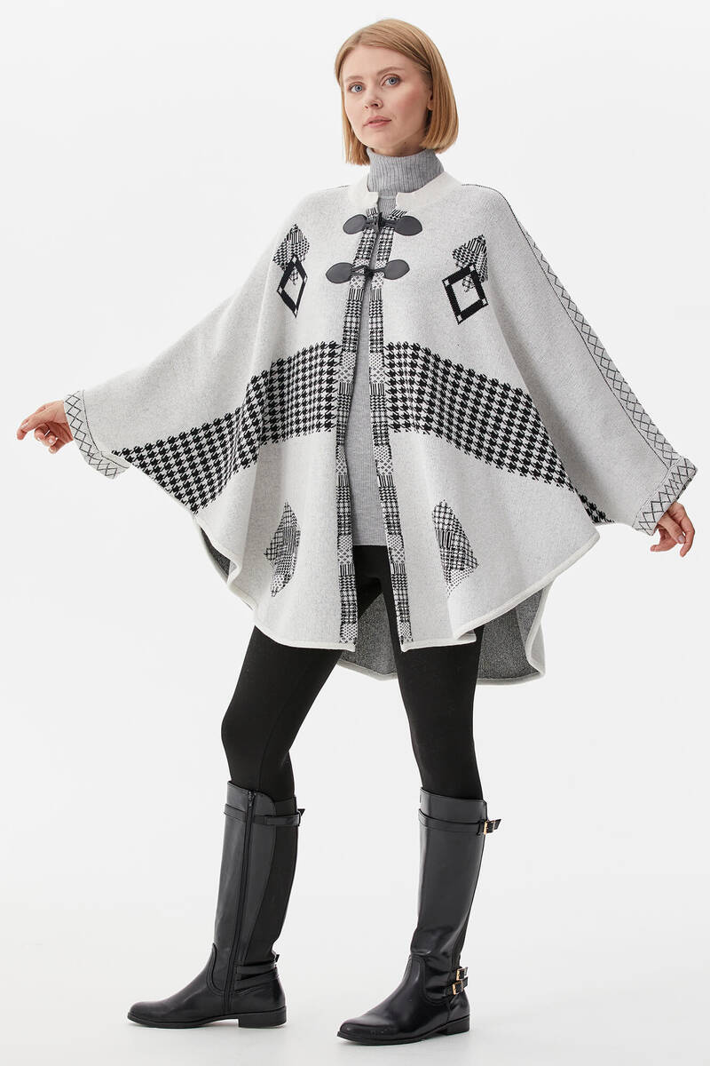 Sıfır Yaka Kilim Desenli Triko Panço - Beyaz (3) Sementa