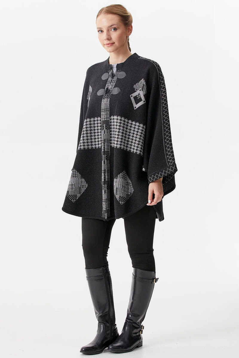 Sıfır Yaka Kilim Desenli Triko Panço - Siyah (2) Sementa