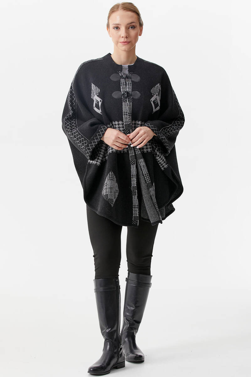 Sıfır Yaka Kilim Desenli Triko Panço - Siyah (3) Sementa