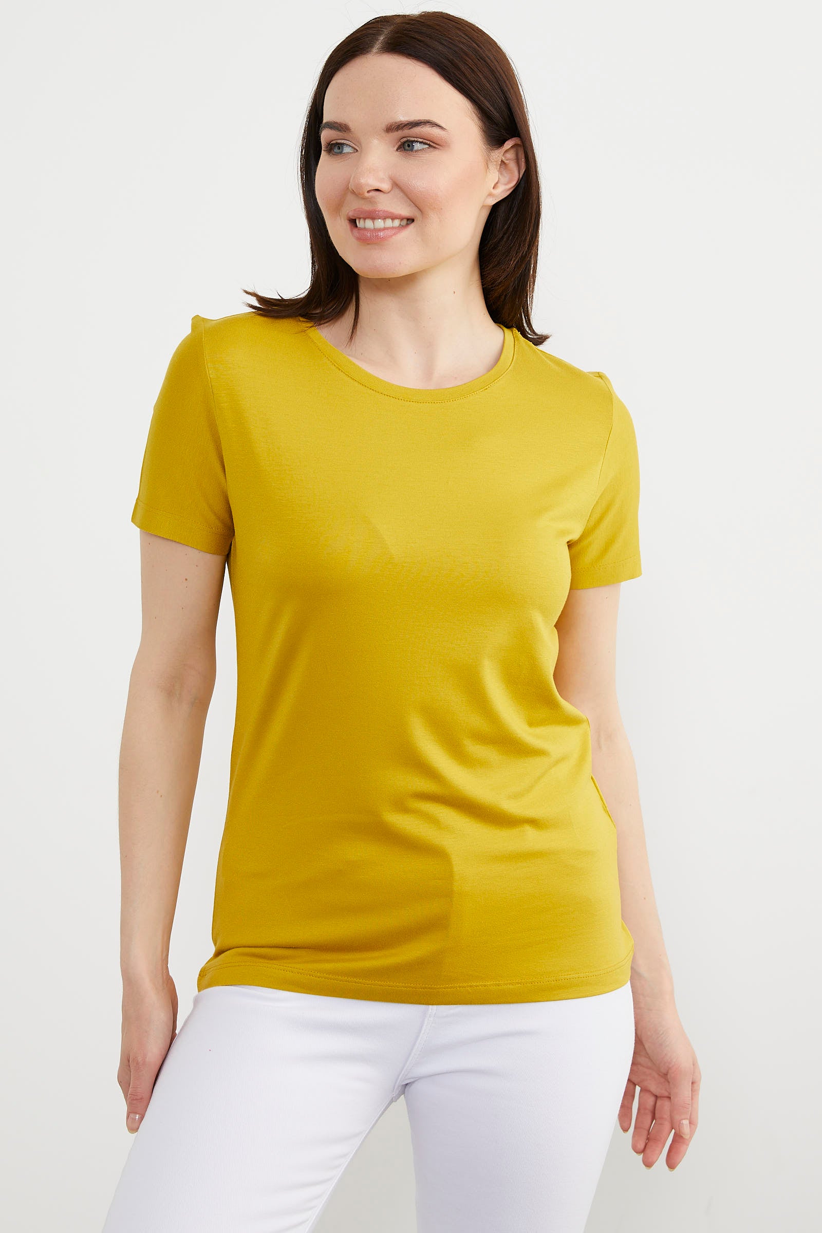 Sıfır Yaka Kısa Kol Basic Tişört - Hardal (2) Sementa