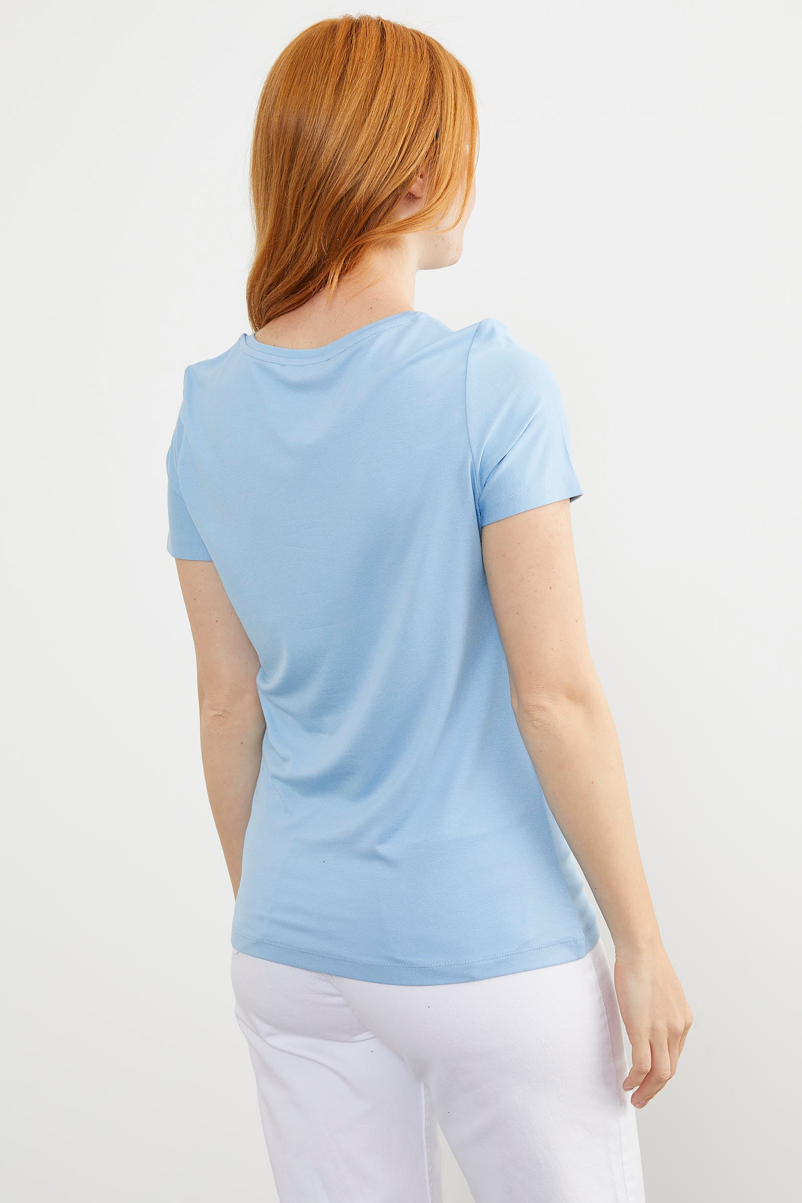 Sıfır Yaka Kısa Kol Basic Tişört - Mavi (6) Sementa