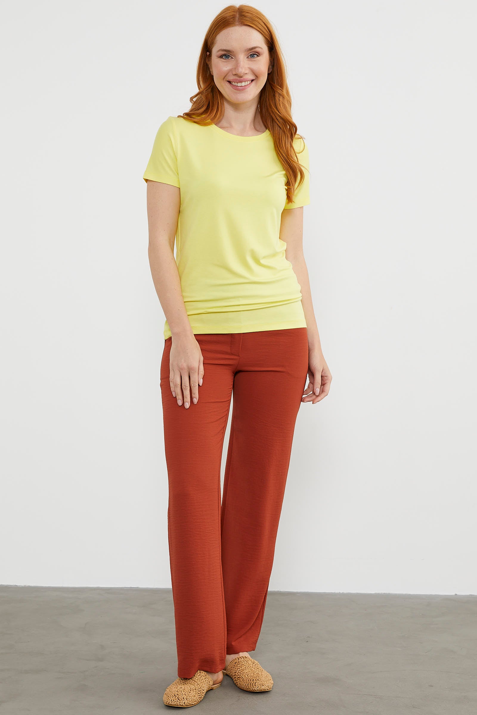 Sıfır Yaka Kısa Kol Basic Tişört - Sarı (2) Sementa