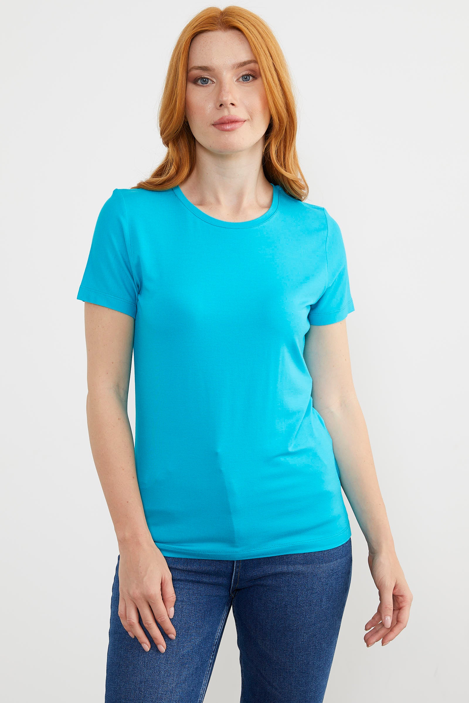 Sıfır Yaka Kısa Kol Basic Tişört - Turkuaz (1) Sementa