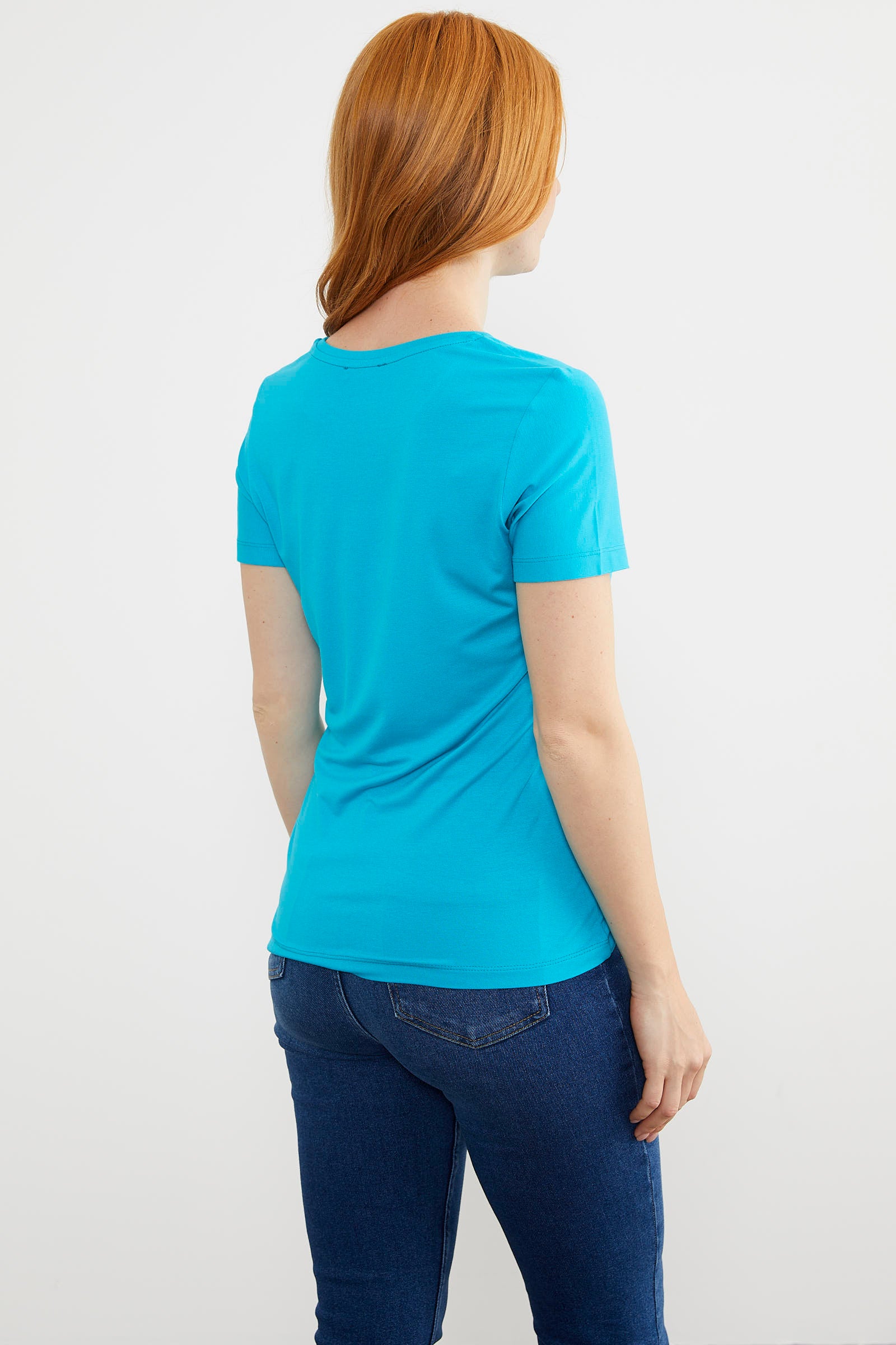 Sıfır Yaka Kısa Kol Basic Tişört - Turkuaz (4) Sementa