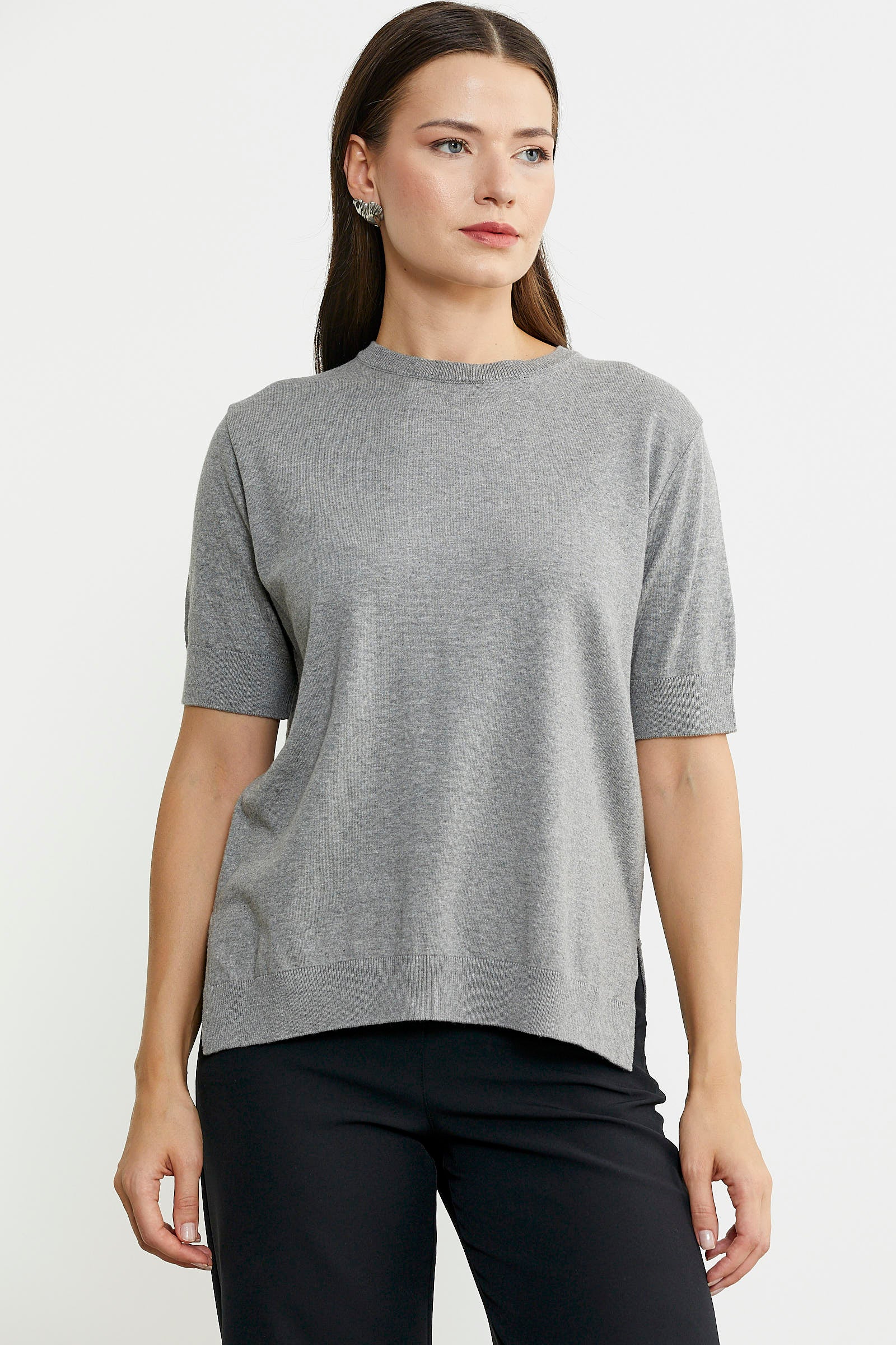 Sıfır Yaka Kısa Kol Triko Kazak - Açık Gri - Sementa