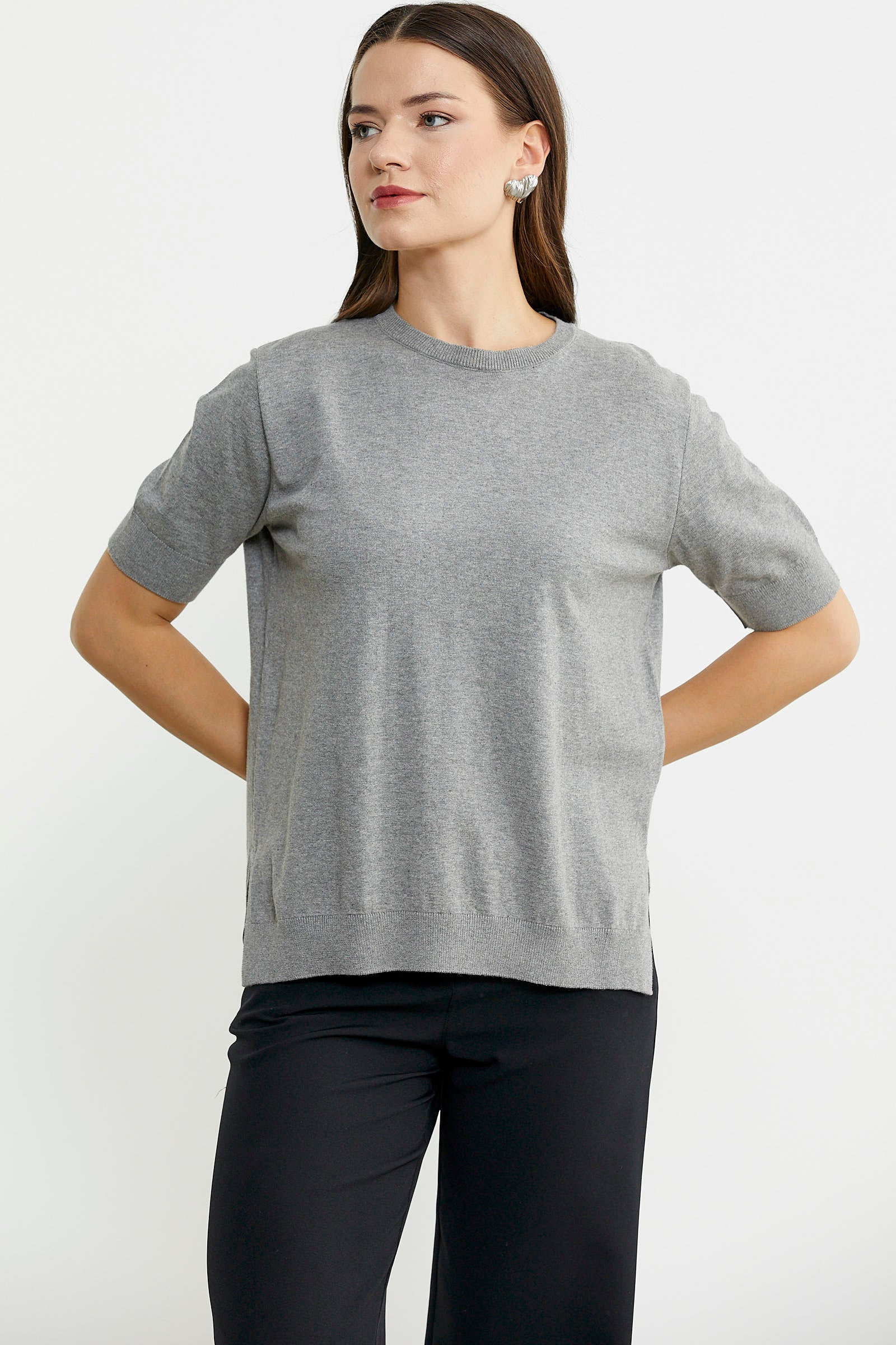 Sıfır Yaka Kısa Kol Triko Kazak - Açık Gri - Sementa