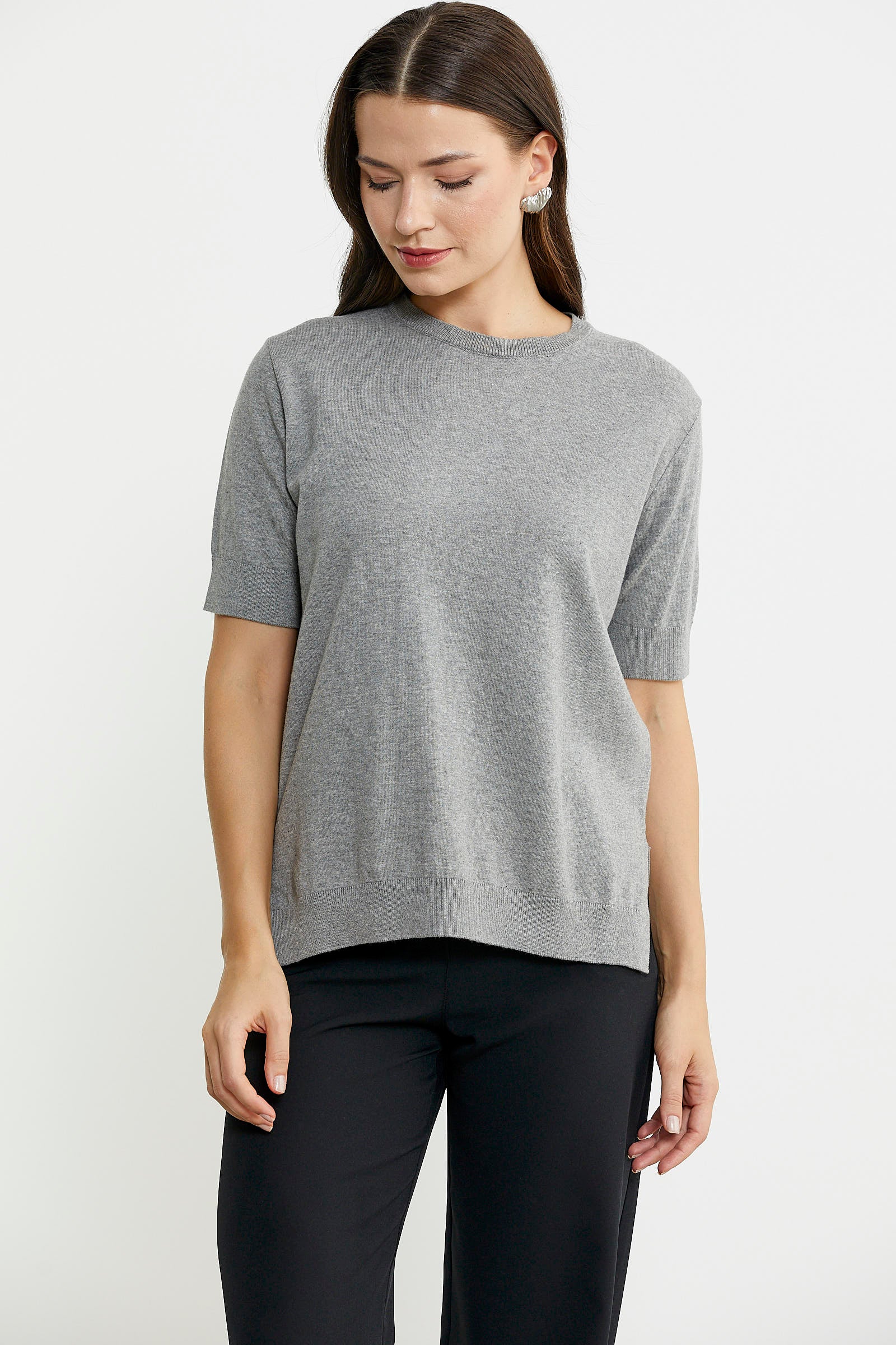 Sıfır Yaka Kısa Kol Triko Kazak - Açık Gri - Sementa