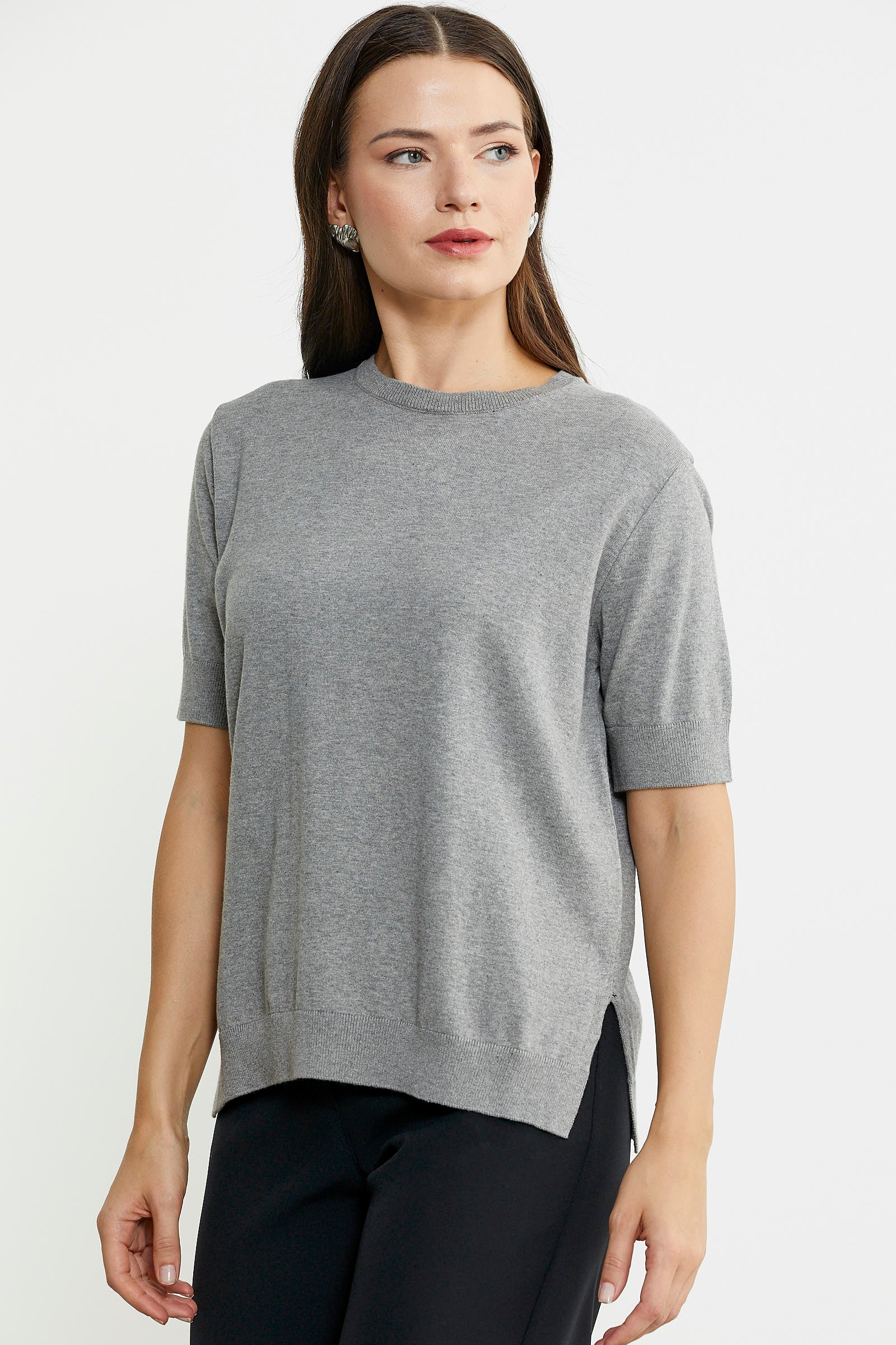 Sıfır Yaka Kısa Kol Triko Kazak - Açık Gri - Sementa