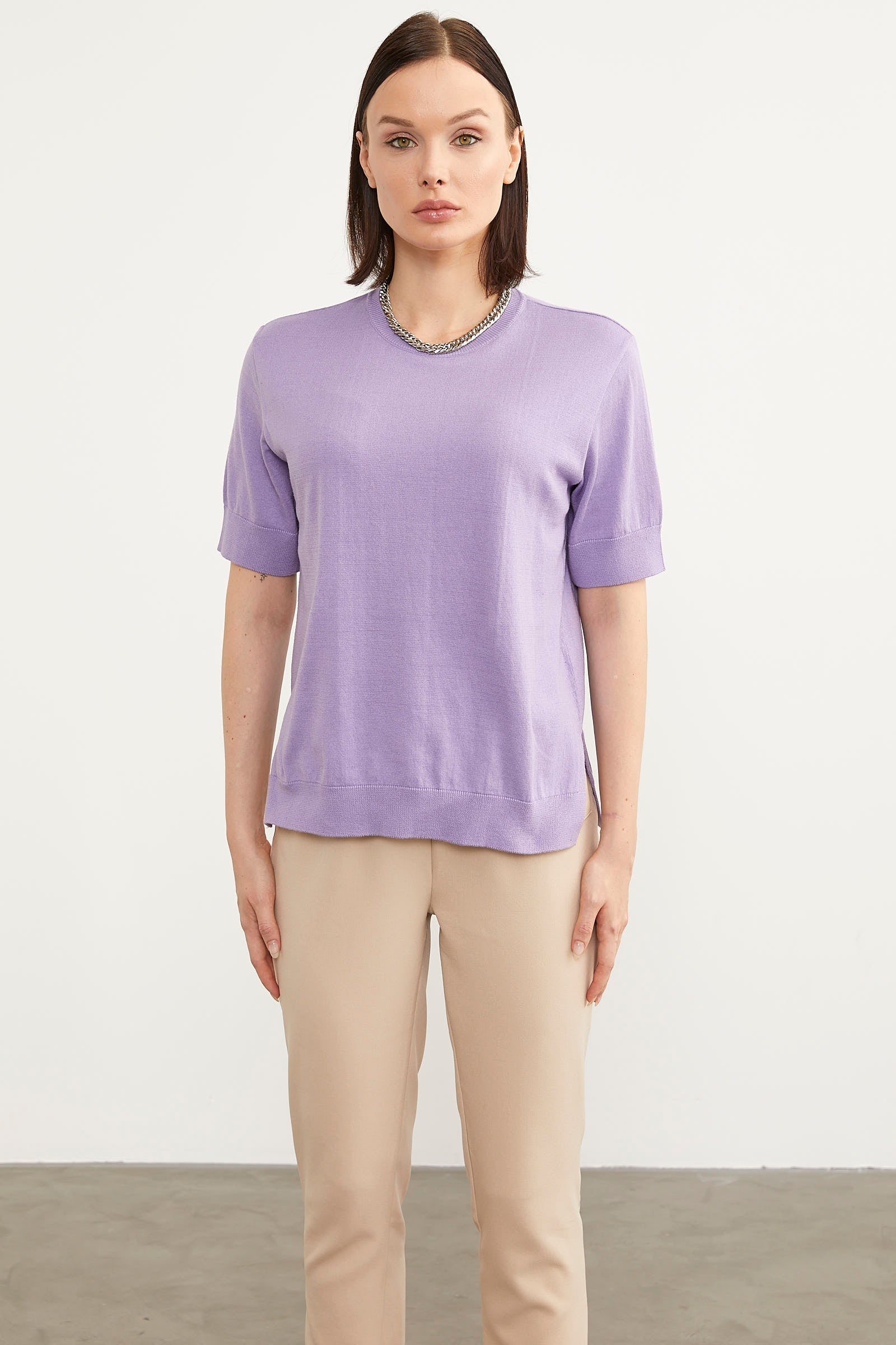 Sıfır Yaka Kısa Kol Triko Kazak - Lila (2) Sementa