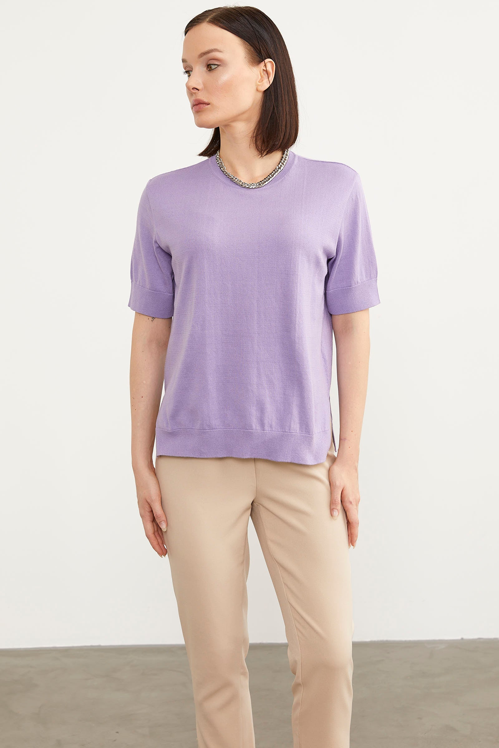 Sıfır Yaka Kısa Kol Triko Kazak - Lila (3) Sementa