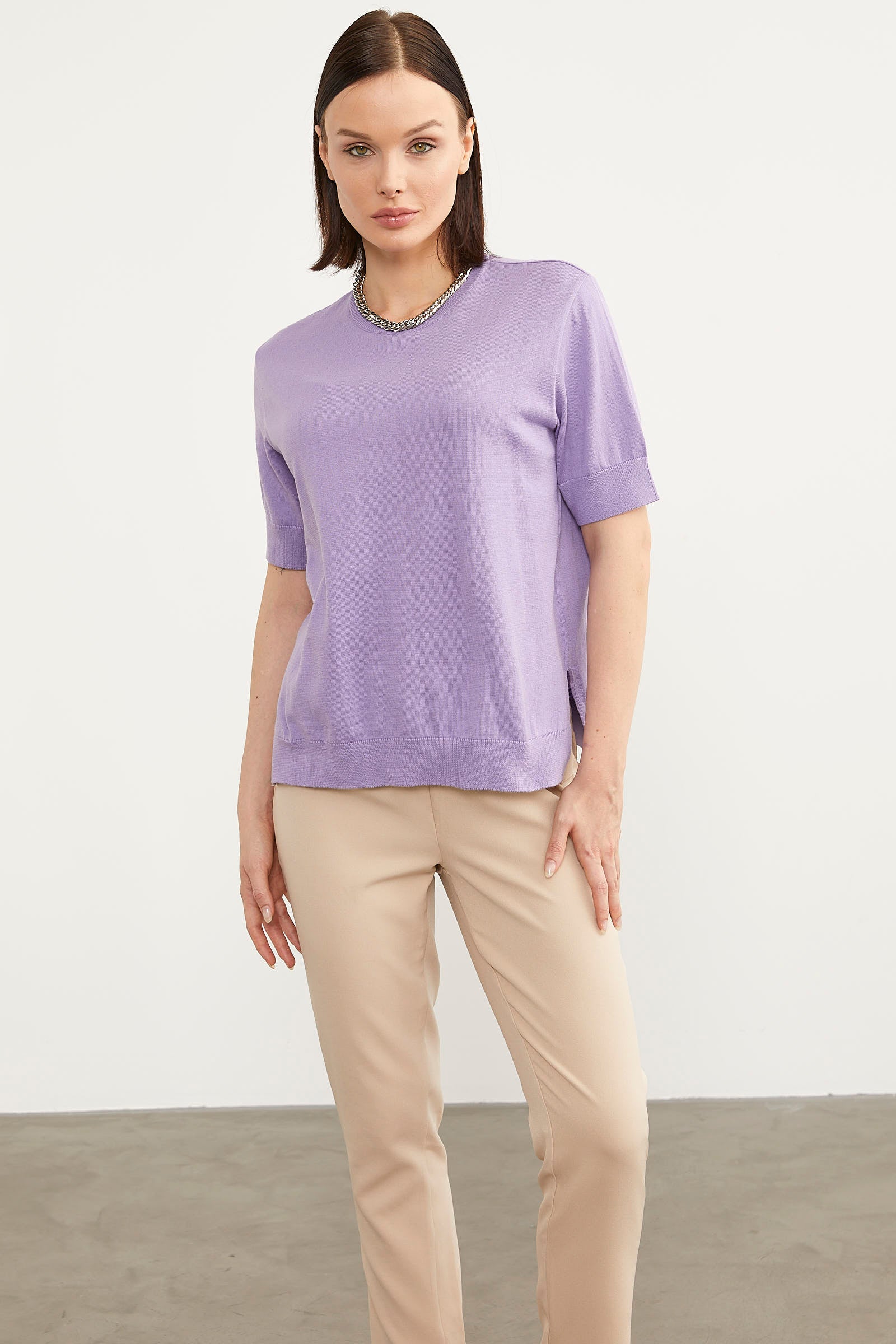 Sıfır Yaka Kısa Kol Triko Kazak - Lila (1) Sementa