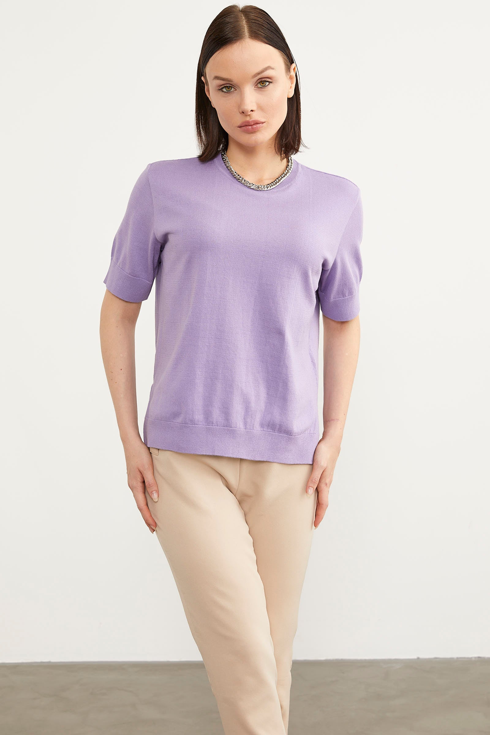 Sıfır Yaka Kısa Kol Triko Kazak - Lila (4) Sementa