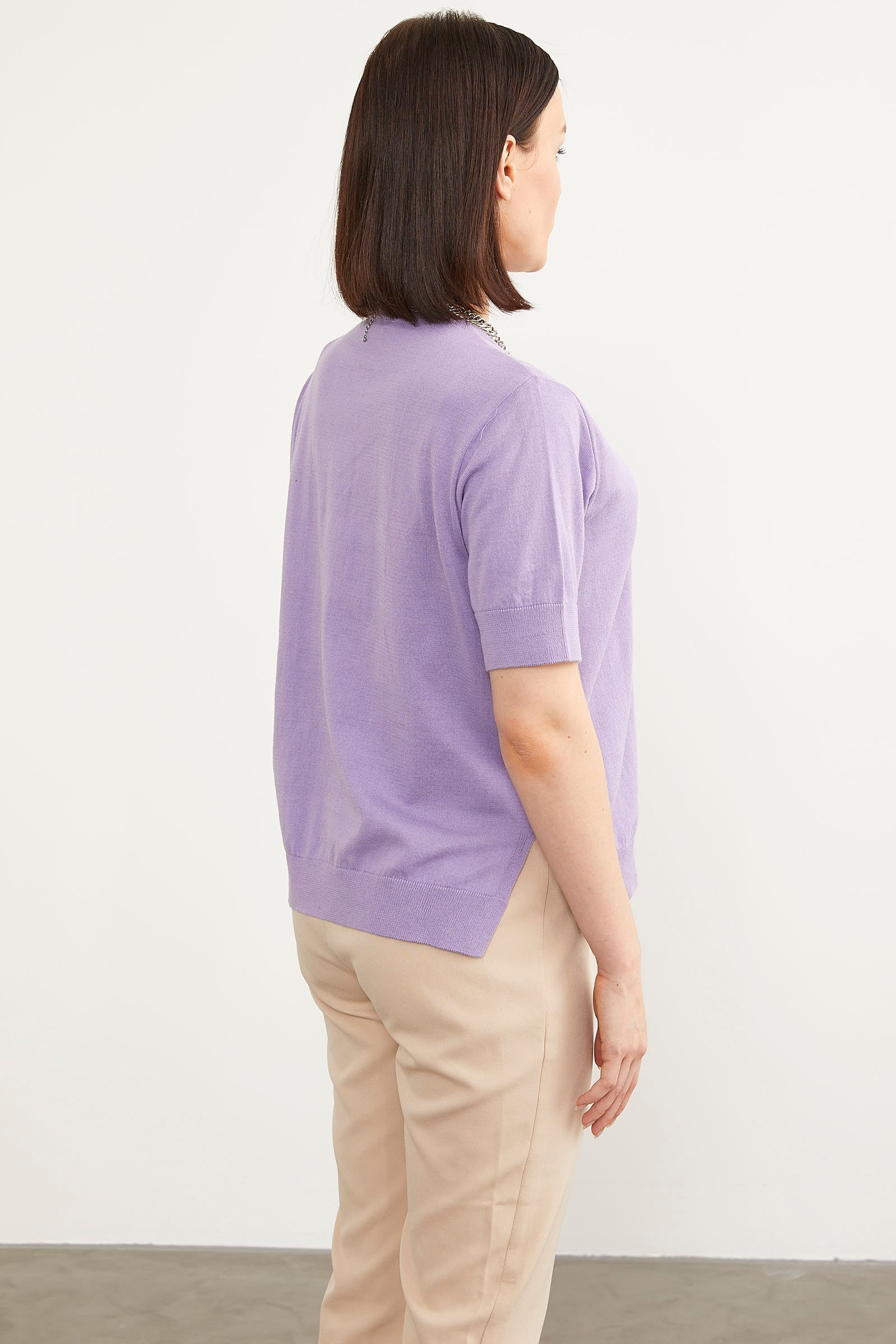 Sıfır Yaka Kısa Kol Triko Kazak - Lila (5) Sementa