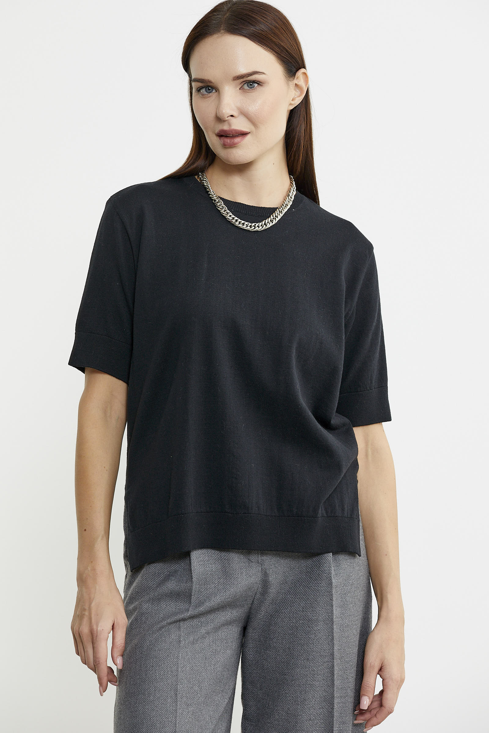 Sıfır Yaka Kısa Kol Triko Kazak - Siyah - Sementa