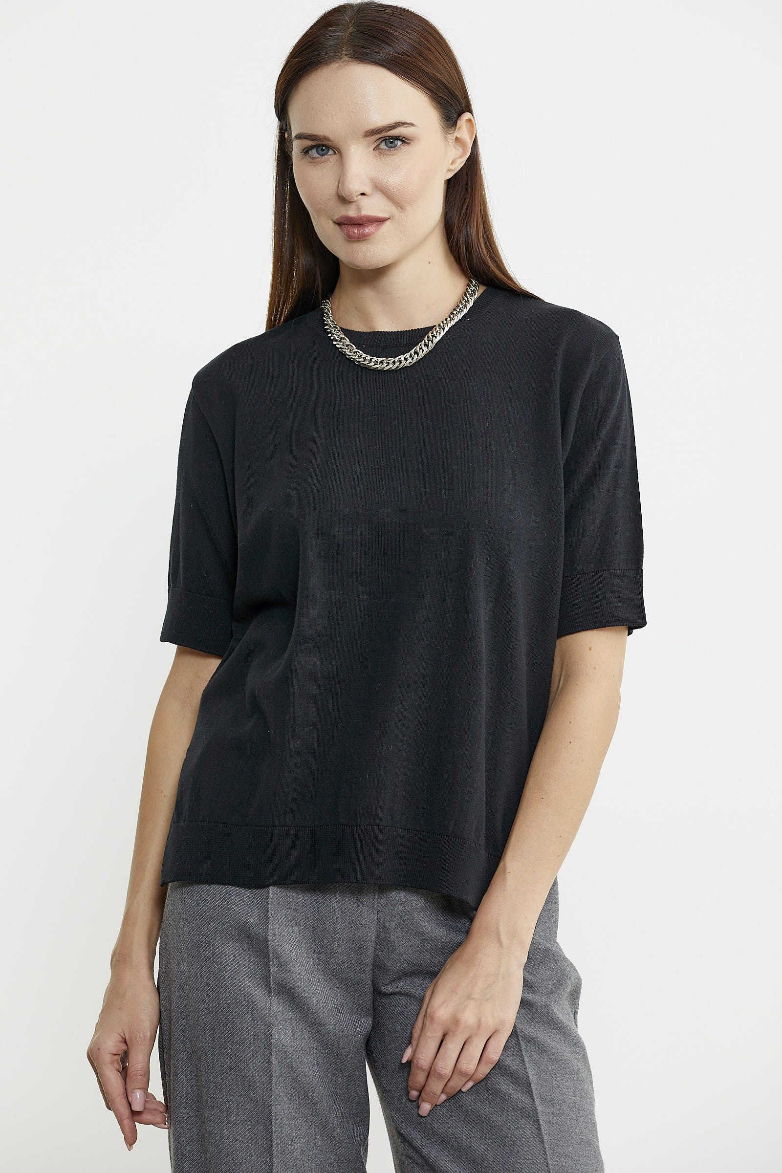 Sıfır Yaka Kısa Kol Triko Kazak - Siyah - Sementa