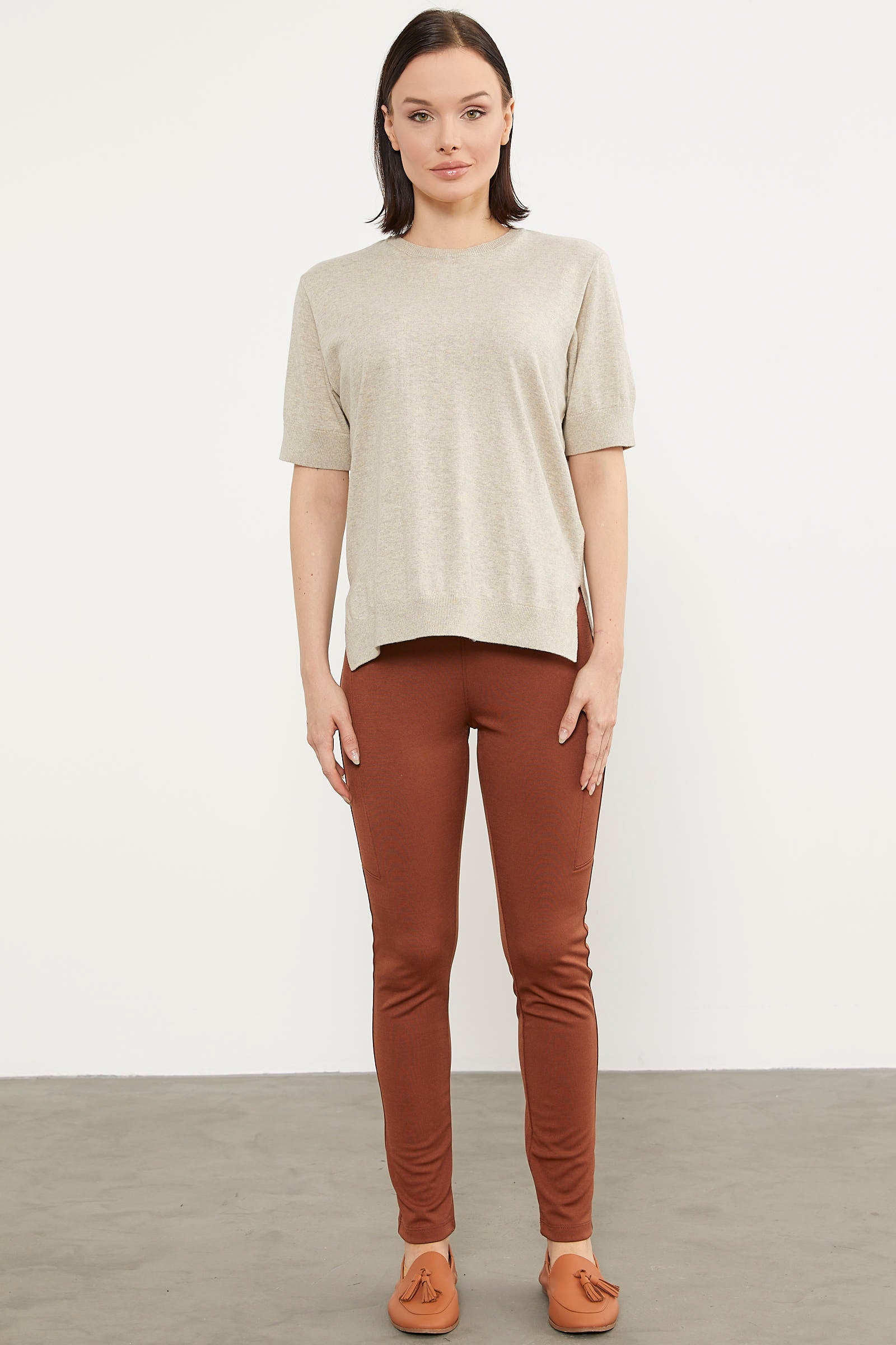 Sıfır Yaka Kısa Kol Triko Kazak - Taş (3) Sementa