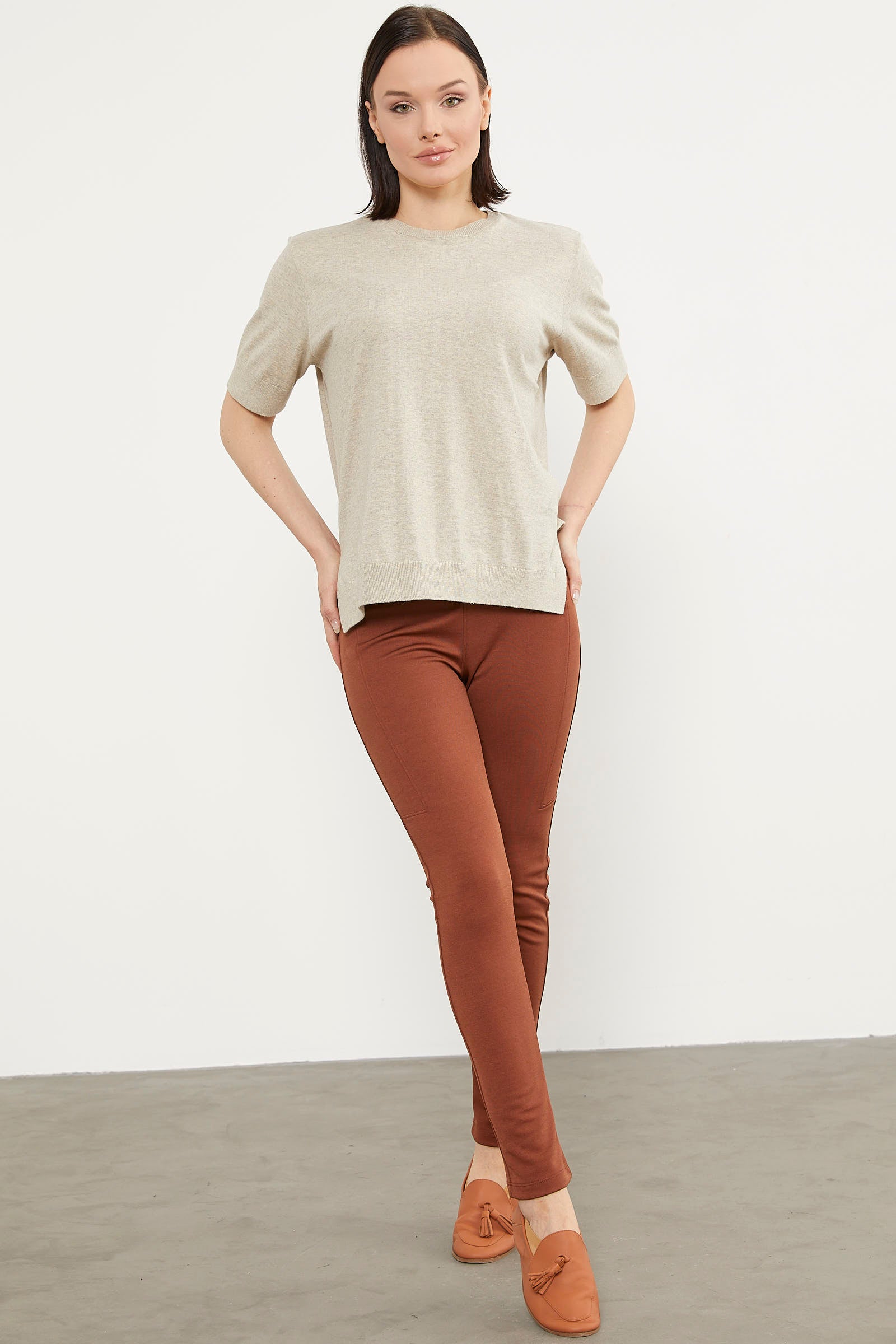 Sıfır Yaka Kısa Kol Triko Kazak - Taş (4) Sementa