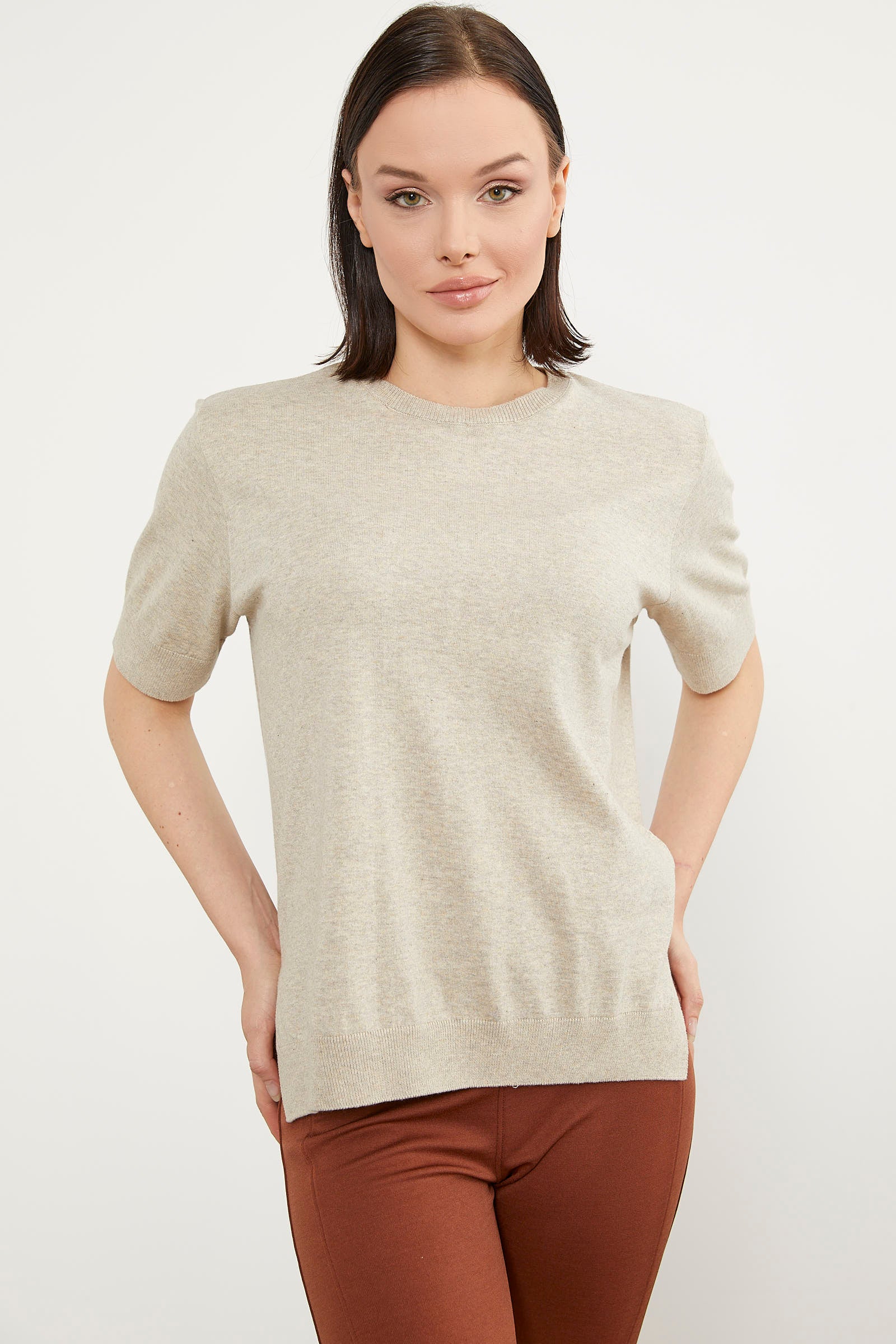 Sıfır Yaka Kısa Kol Triko Kazak - Taş (1) Sementa