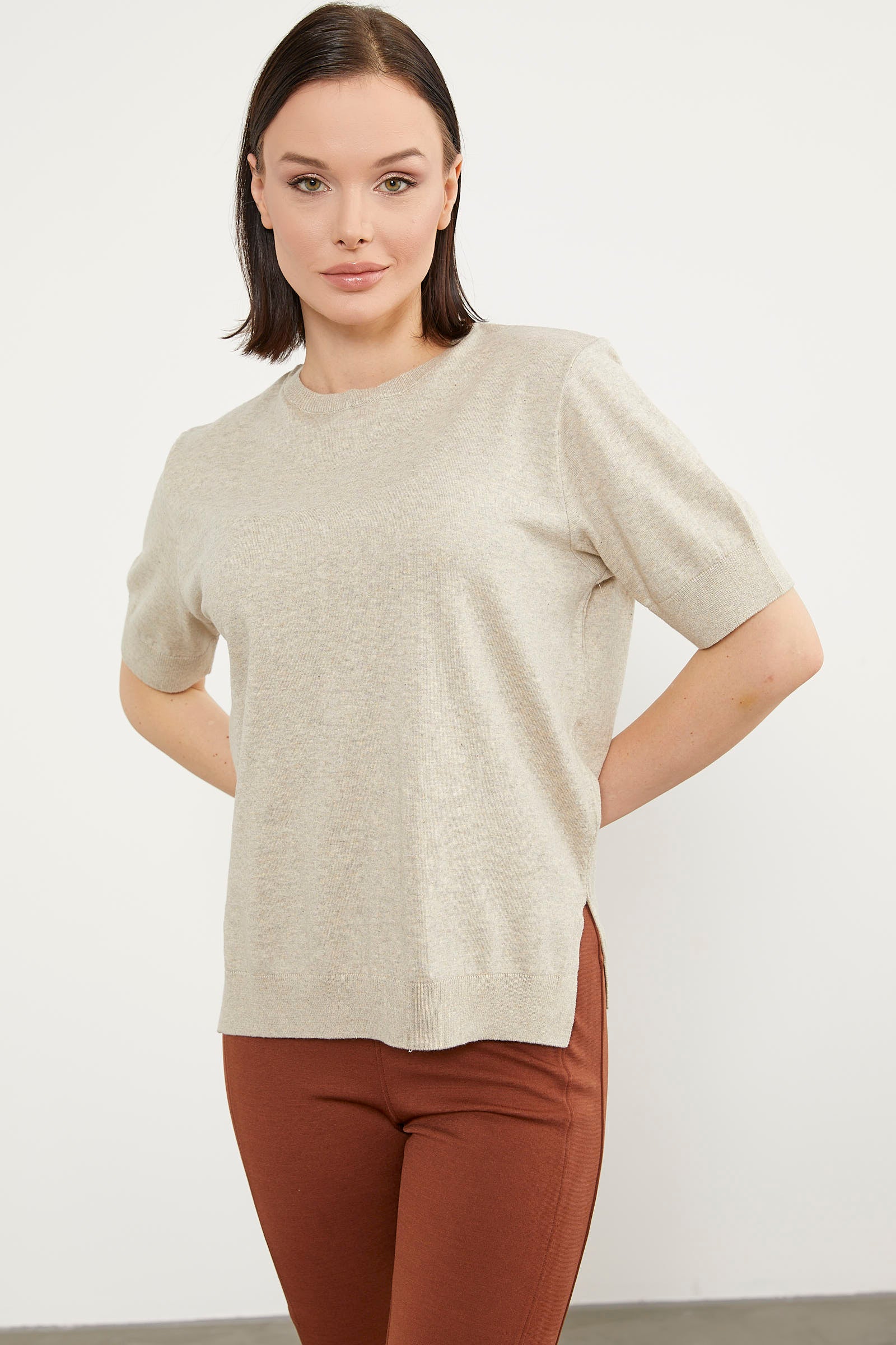 Sıfır Yaka Kısa Kol Triko Kazak - Taş (2) Sementa