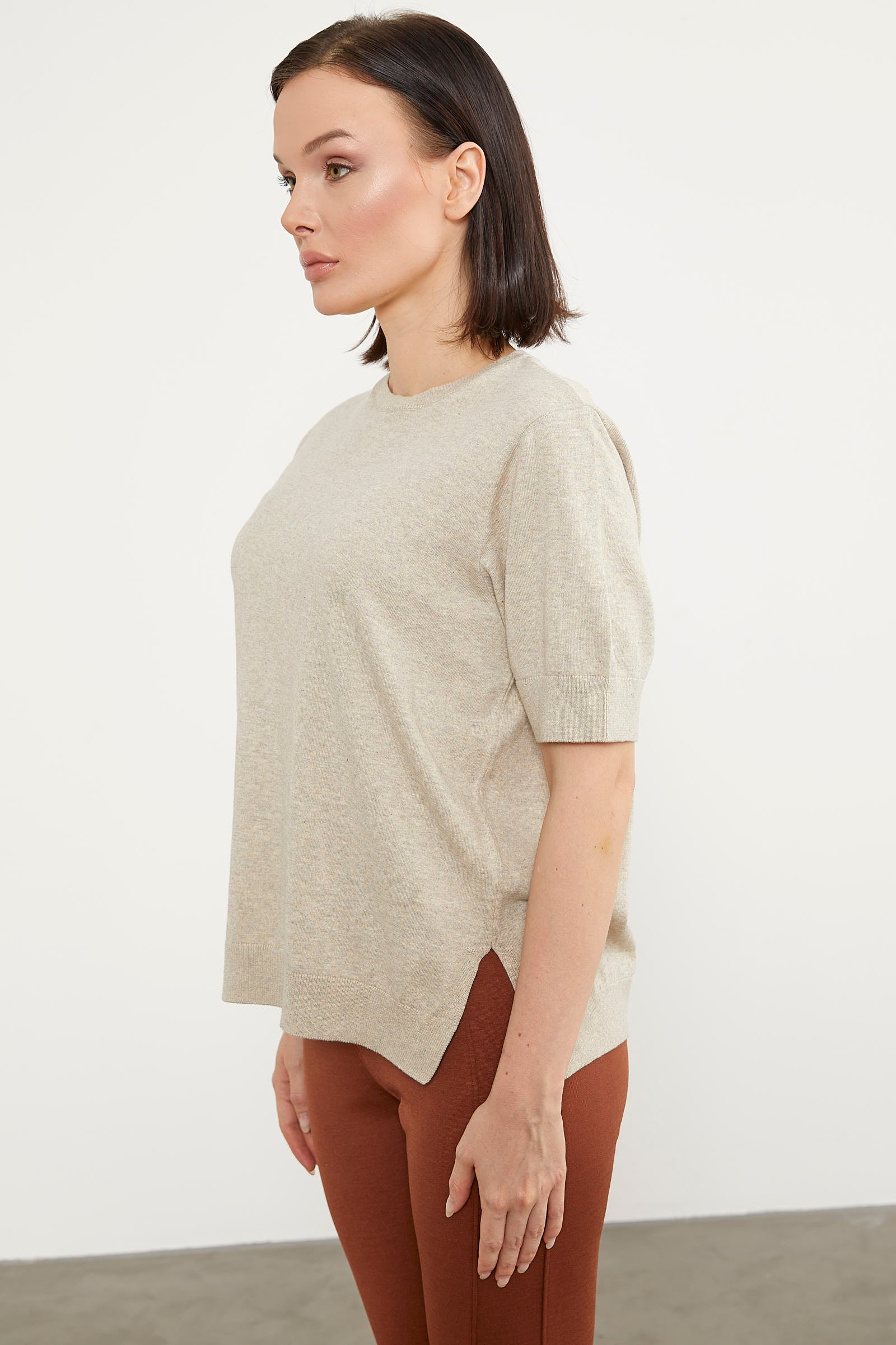 Sıfır Yaka Kısa Kol Triko Kazak - Taş (5) Sementa