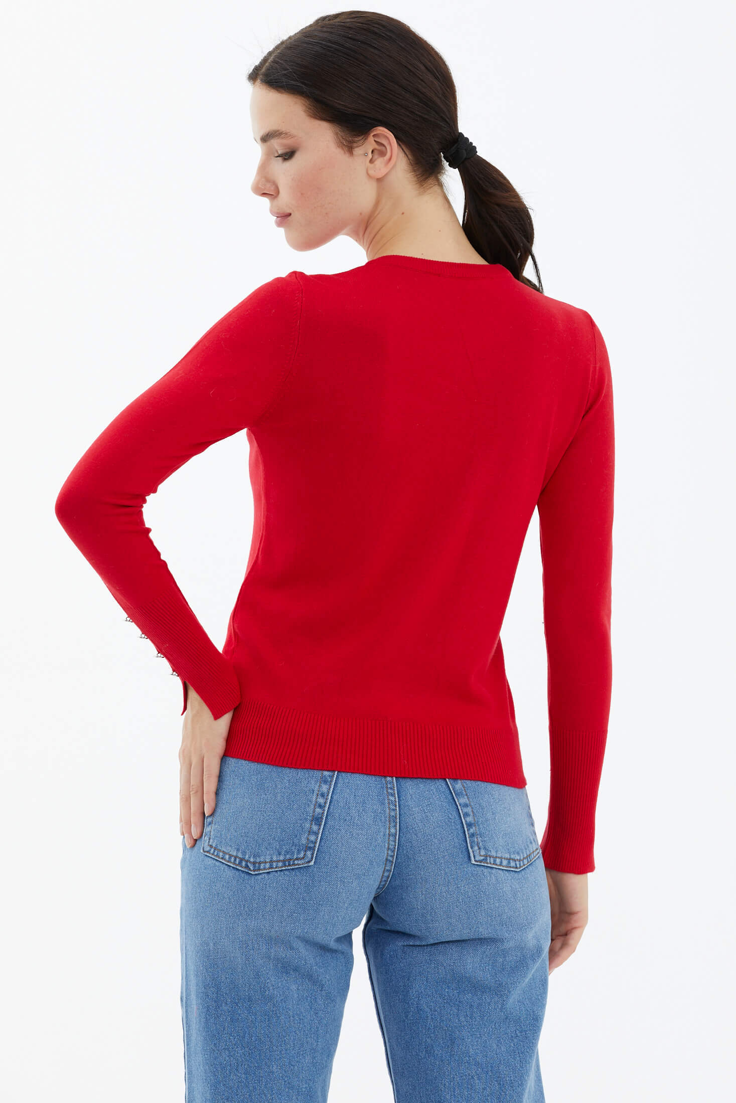 Sıfır Yaka Kolu Düğmeli Triko Kazak - Kırmızı (4) Sementa