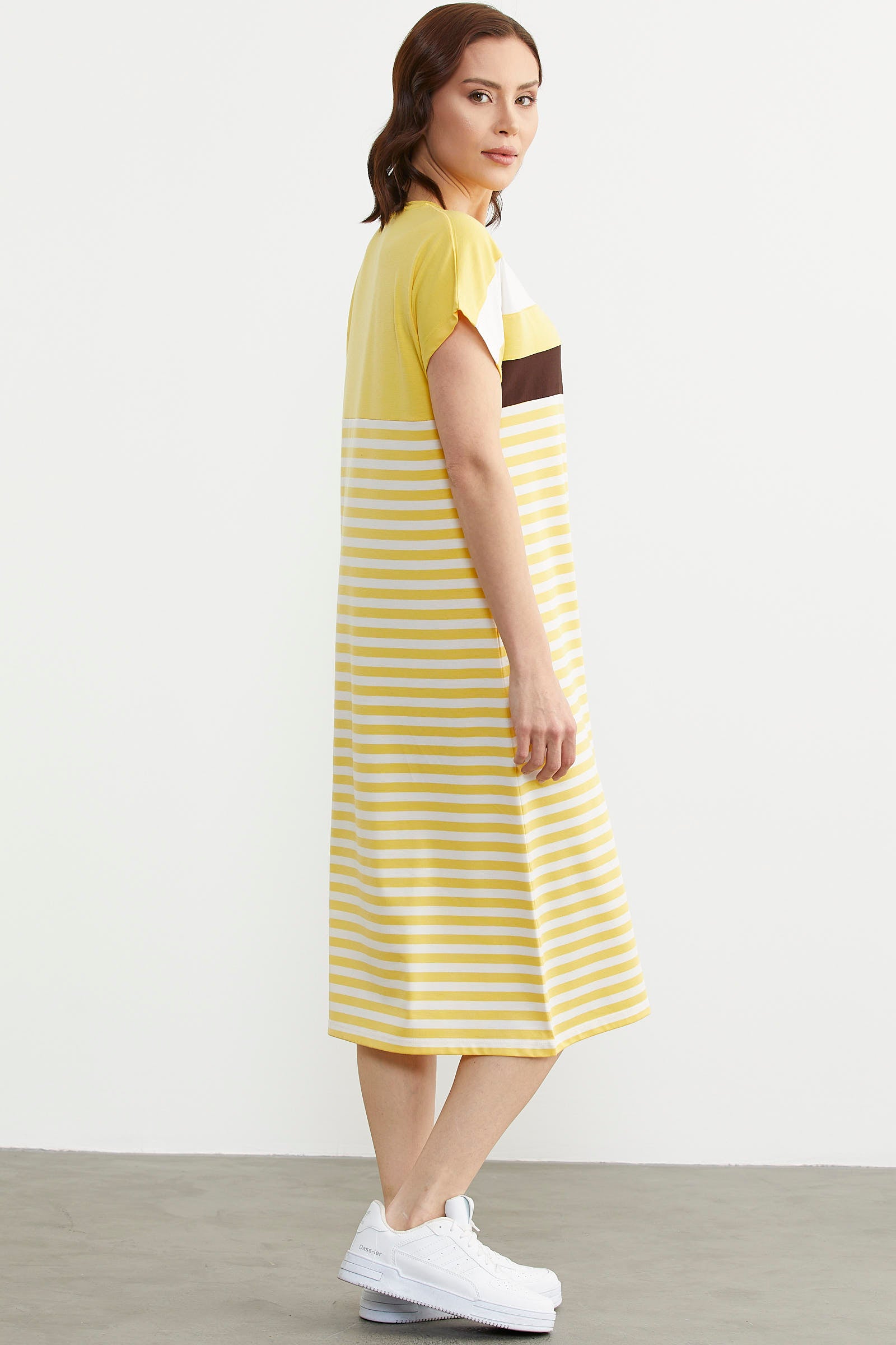 Sıfır Yaka Midi Boy Marine Elbise - Sarı (4) Sementa