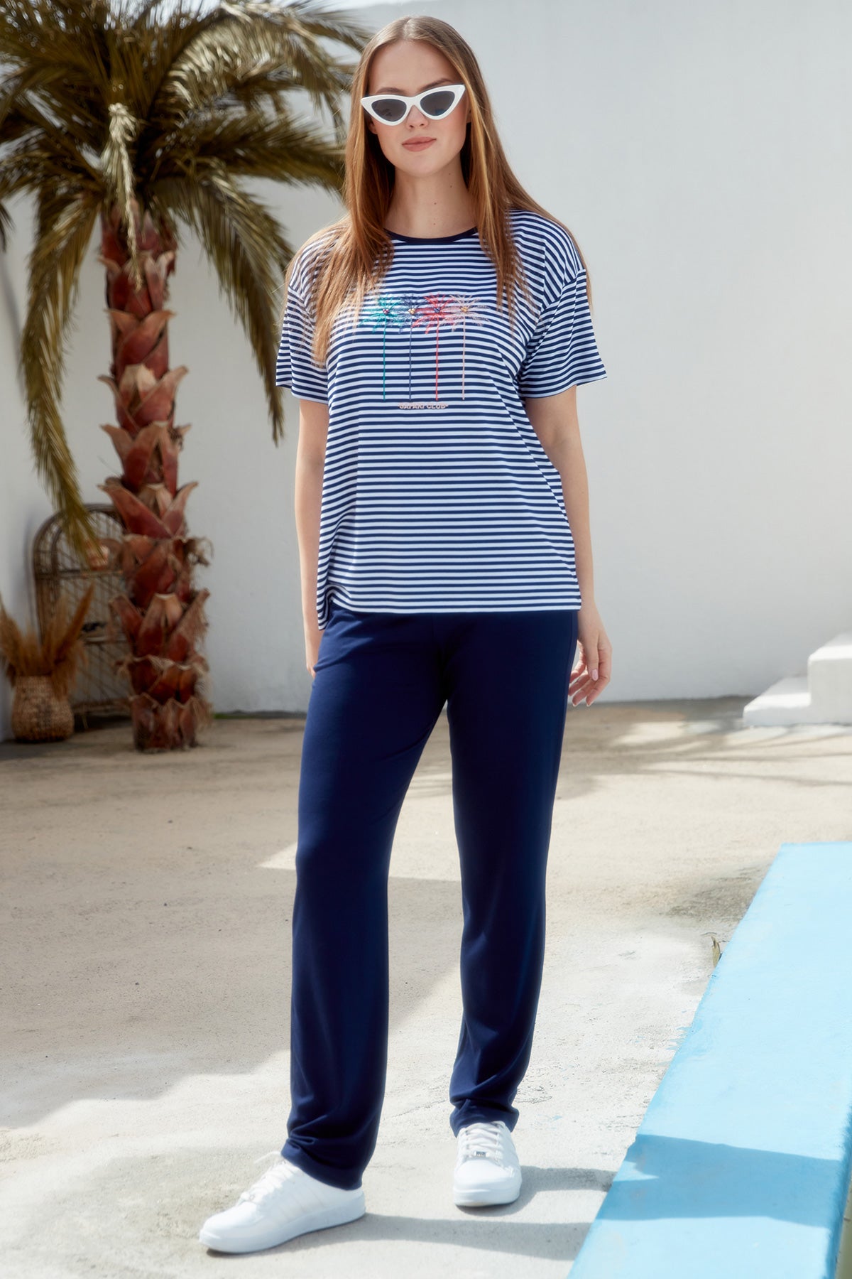 Sıfır Yaka Nakış Detaylı Çizgili Penye Takım - Lacivert (2) Sementa