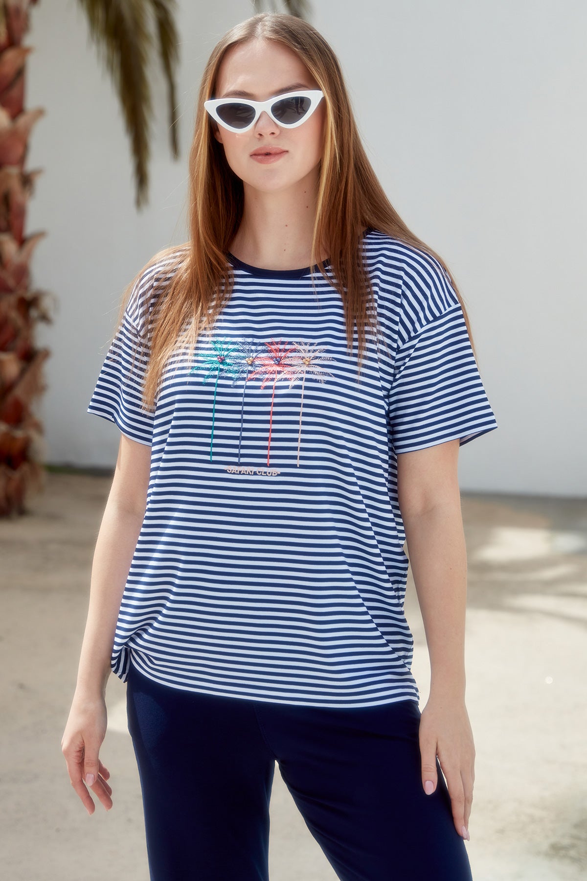 Sıfır Yaka Nakış Detaylı Çizgili Penye Takım - Lacivert (3) Sementa