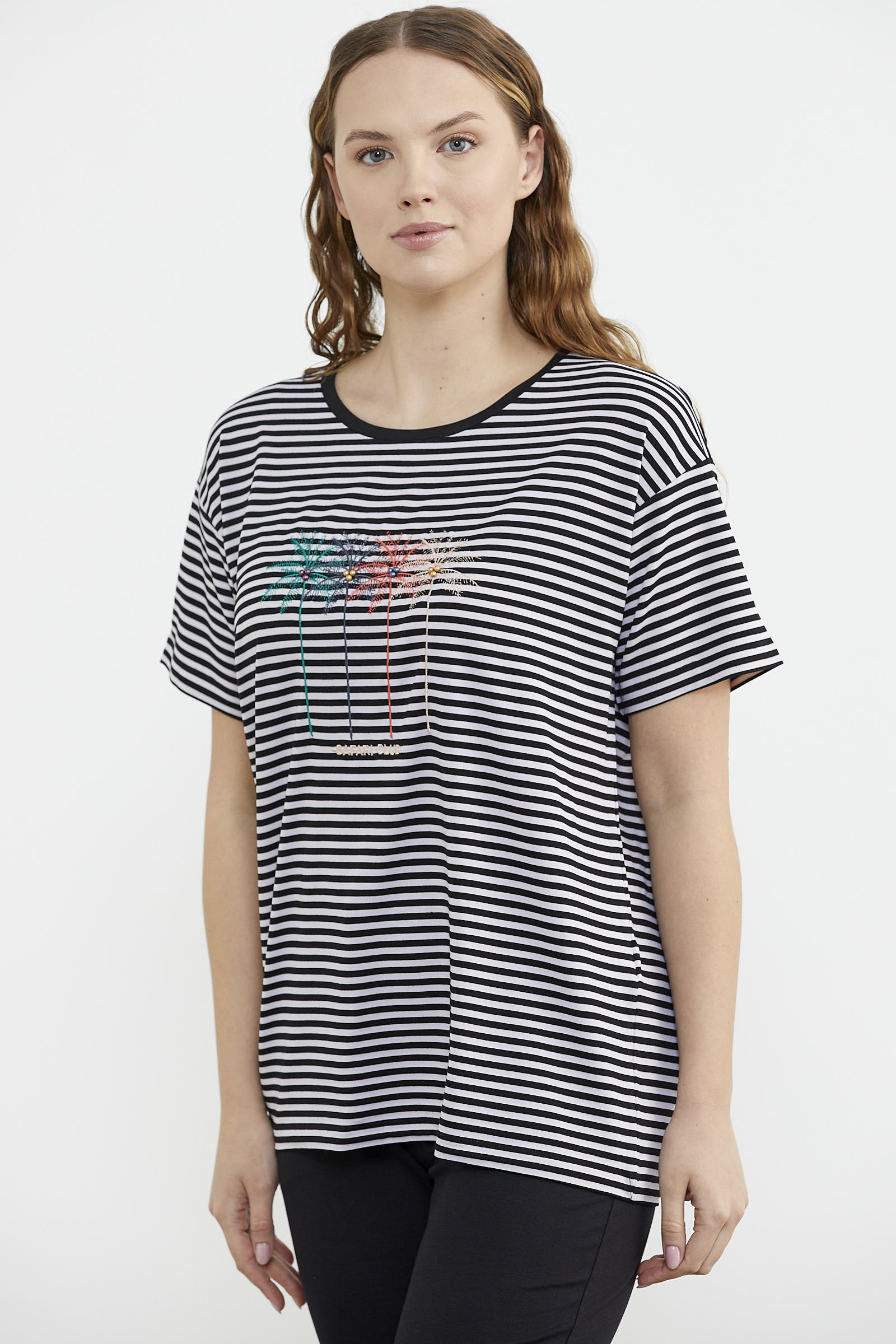 Sıfır Yaka Nakış Detaylı Çizgili Penye Takım - Siyah (5) Sementa