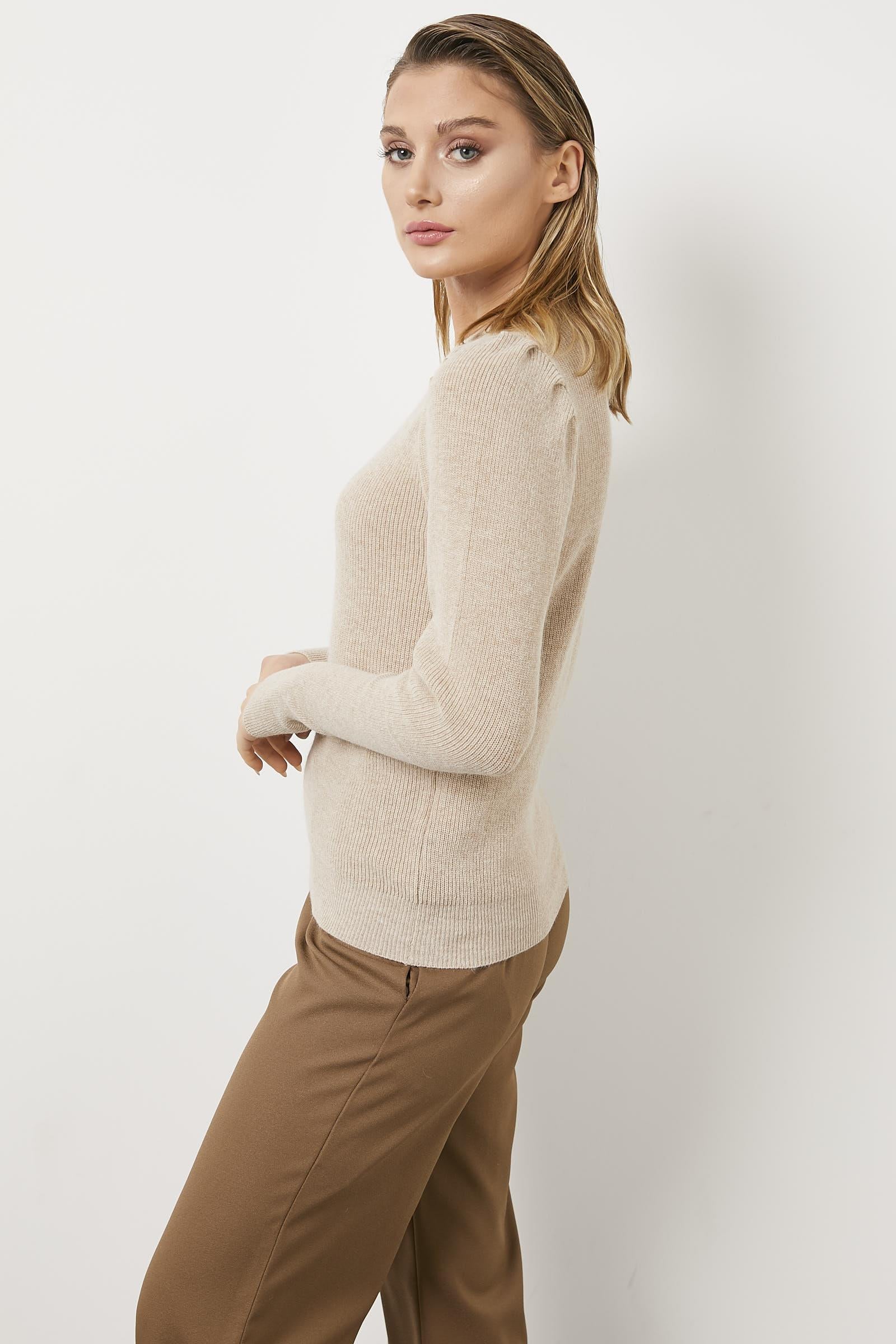 Sıfır Yaka Omuzları Düğmeli Triko Kazak - Açık Bej (4) Sementa